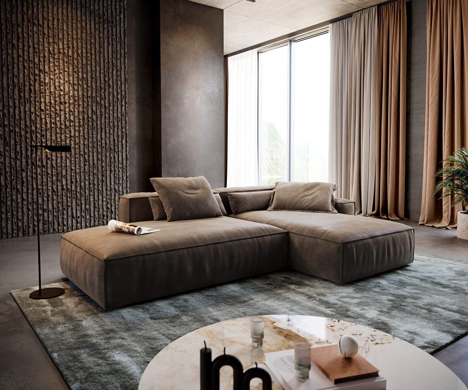 Ecksofa Freestyle 310x200 cm Mikrofaser Taupe Vintage Kedernaht 1