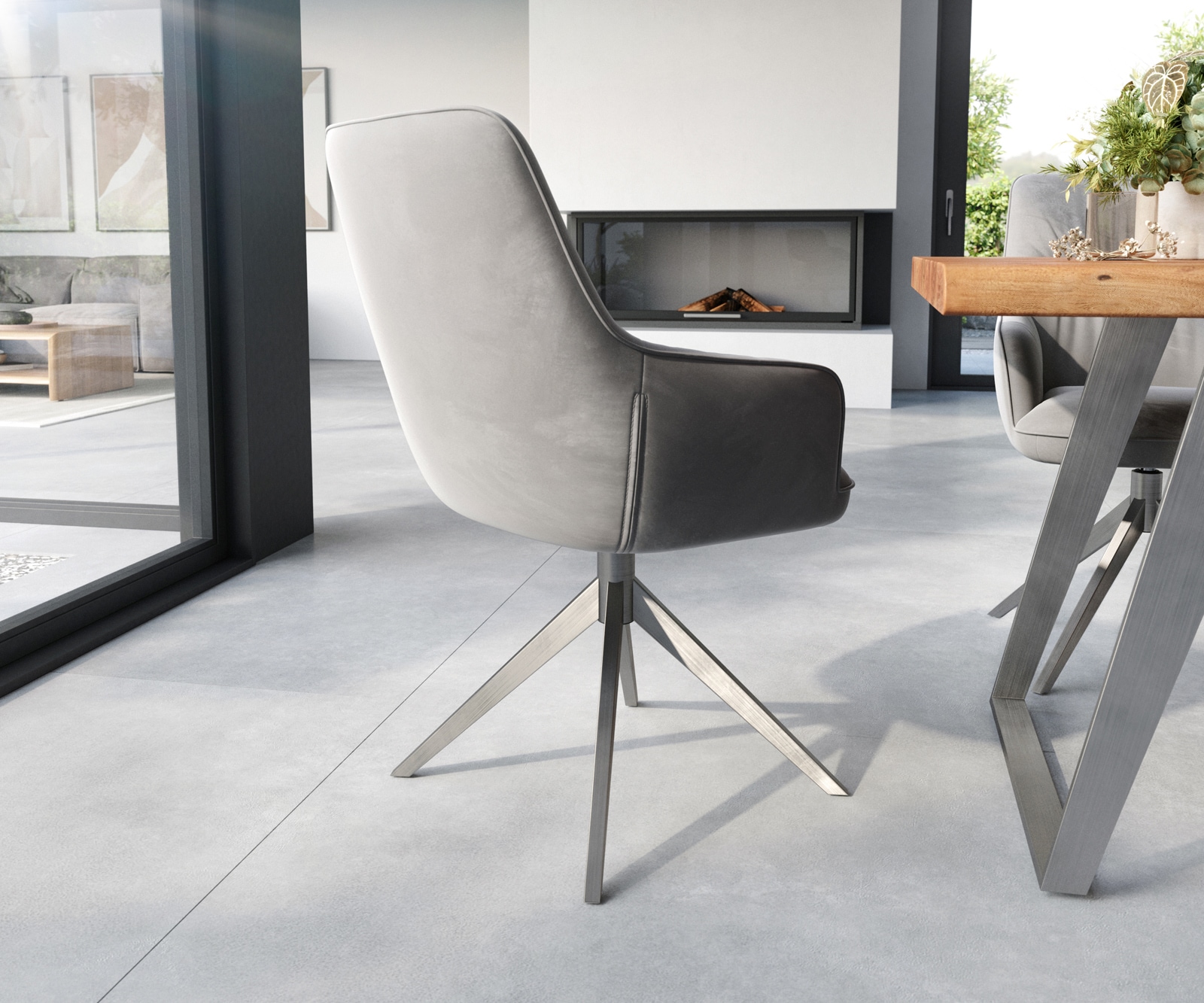 Esszimmerstuhl Zelia-Flex mit Armlehnen Samt Grau Kreuzgestell breit Edelstahl Taschenfederkern 4 Esszimmerstuhl Zelia-Flex mit Armlehnen Samt Grau Kreuzgestell breit Edelstahl Taschenfederkern 4