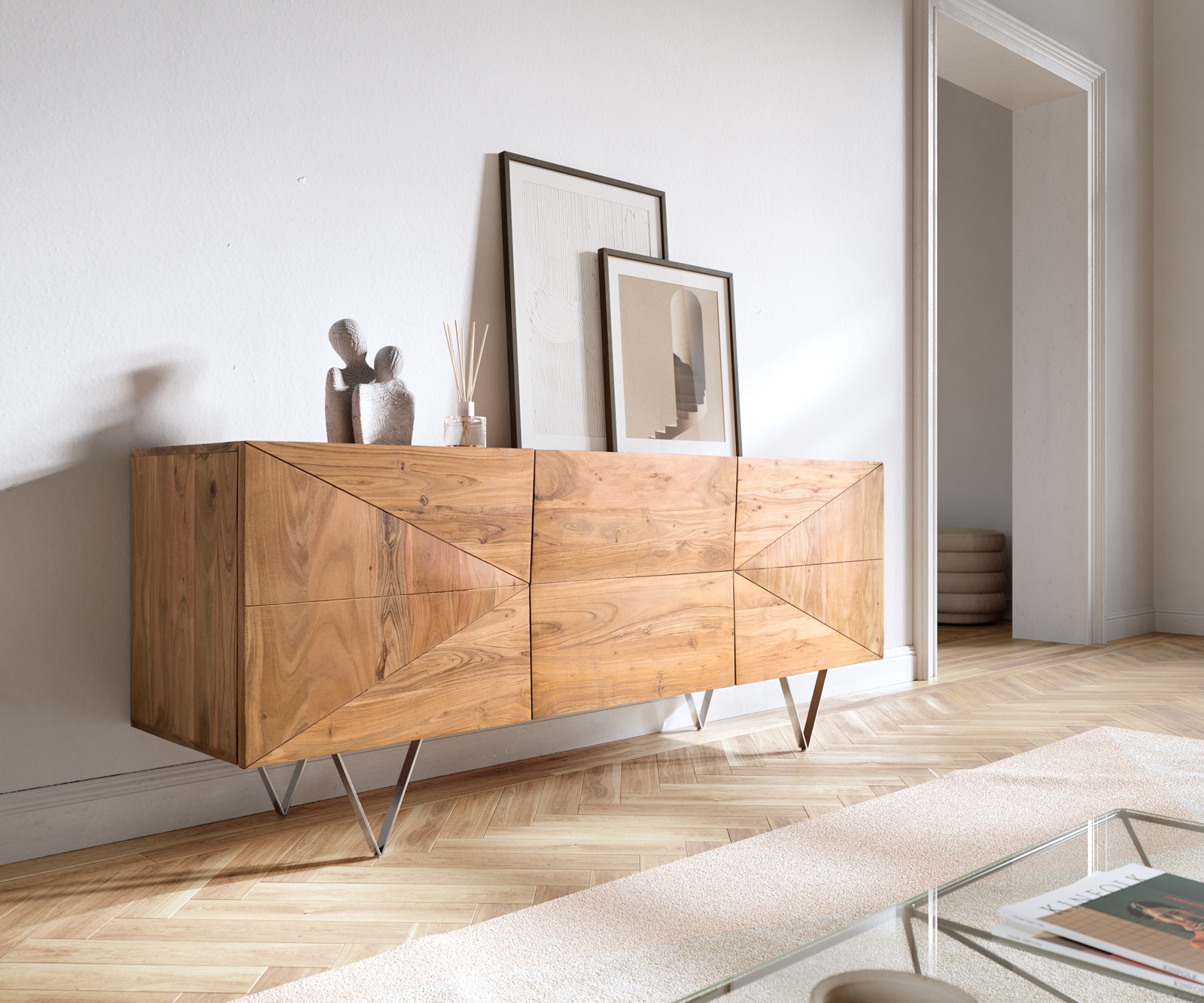 Kommode Wyatt Akazie Natur 175 cm 3D Optik mittig Edelstahl Design Sideboard