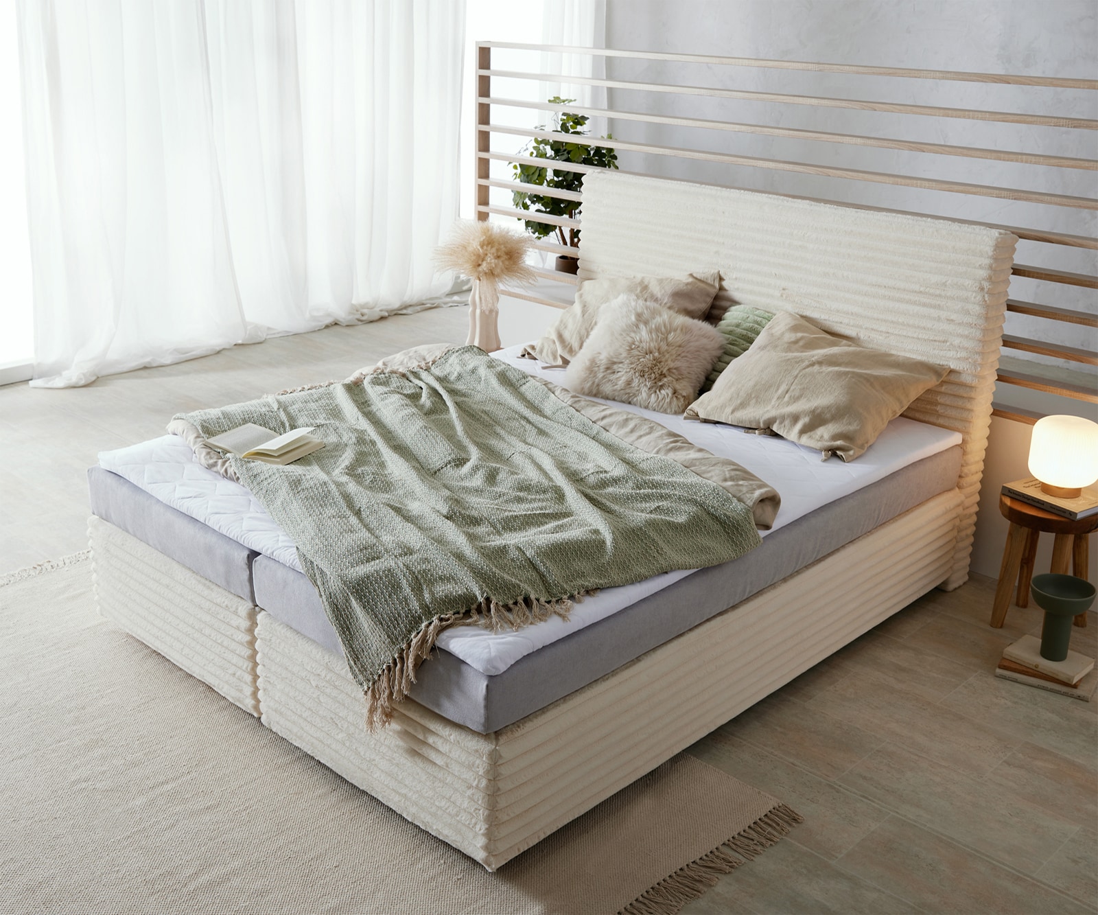 Boxspringbett Dream-Well Plüsch-Cord Beige 160x200 cm Bonell-Matratze PU-Topper 3 Boxspringbett Dream-Well Plüsch-Cord Beige 160x200 cm Bonell-Matratze PU-Topper 3