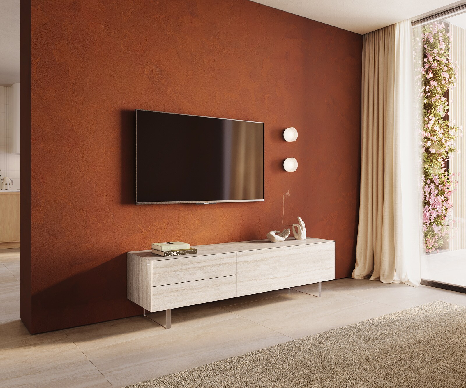 Lowboard Cuor 180 cm Keramik Laminam® Travertino Bianco Creme-Weiß 1 Klappe 2 Schubfächer Fuß Schwebeoptik Acrylglas