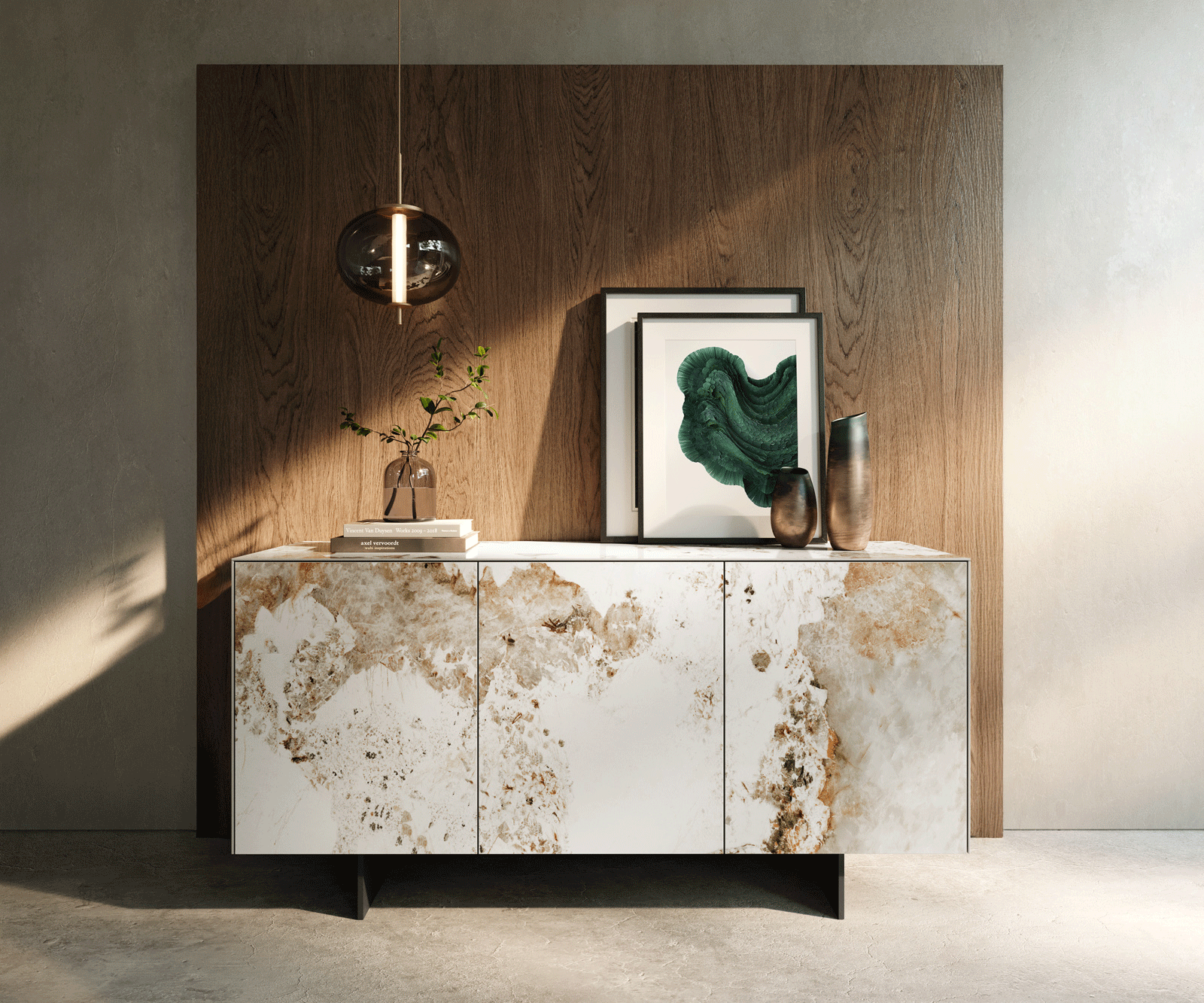 Sideboard Cuor 150 cm Keramik Minas Melange Weiß-Beige 3 Türen Fuß Schwebeoptik Metall Schwarz 1