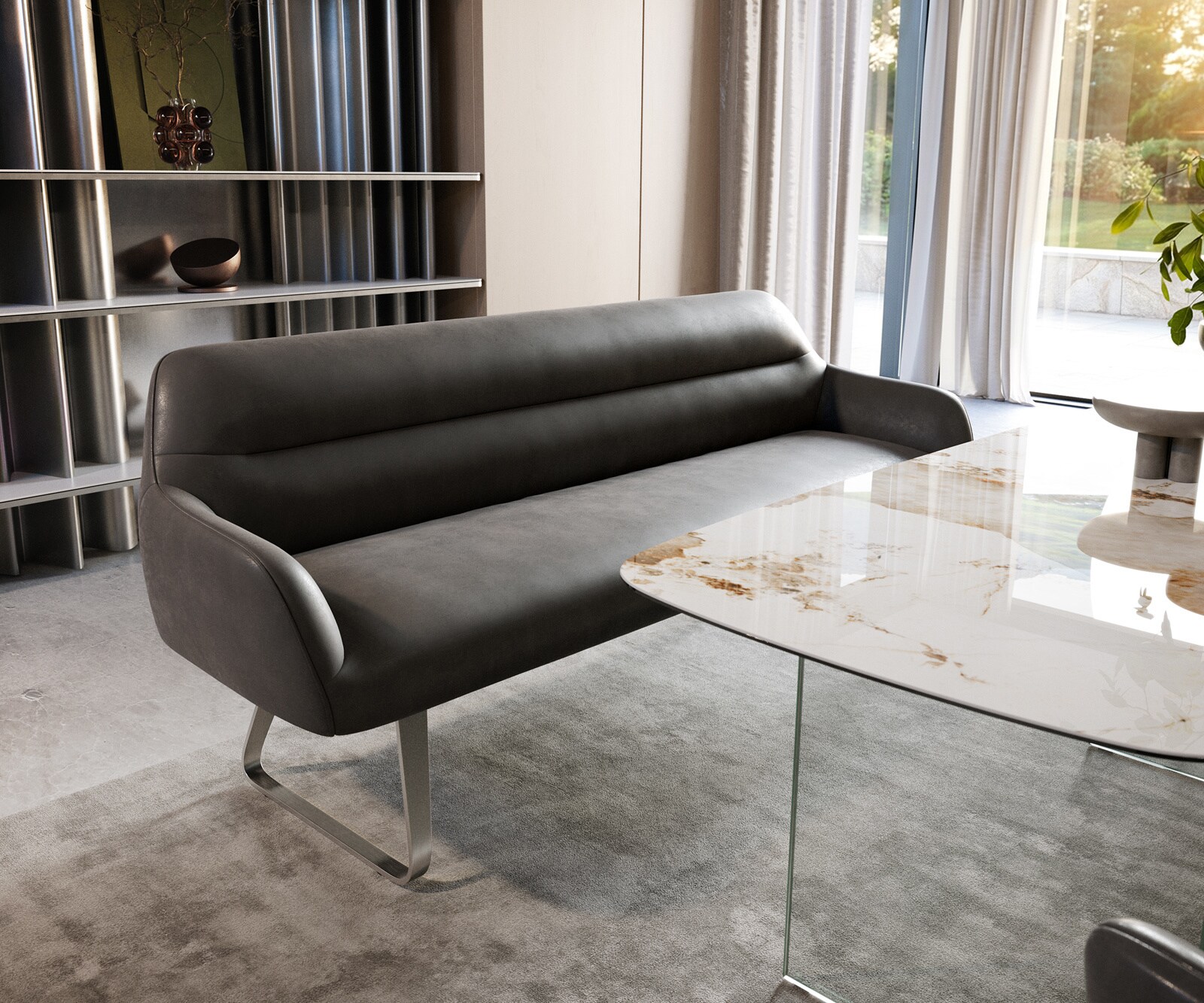 Banc-de-salle-à-manger Taya-Flex 200 cm microfibre antracite vintage châssis à patins plat acier inoxydable ressort ensaché