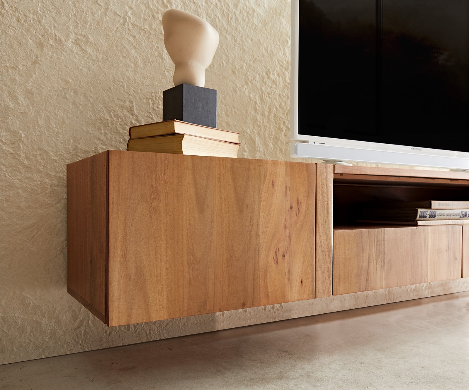 Lowboard Secara 220 cm Akazie Natur 2 Türen 2 Schübe Marmor schwebend 3 Lowboard Secara 220 cm Akazie Natur 2 Türen 2 Schübe Marmor schwebend 3