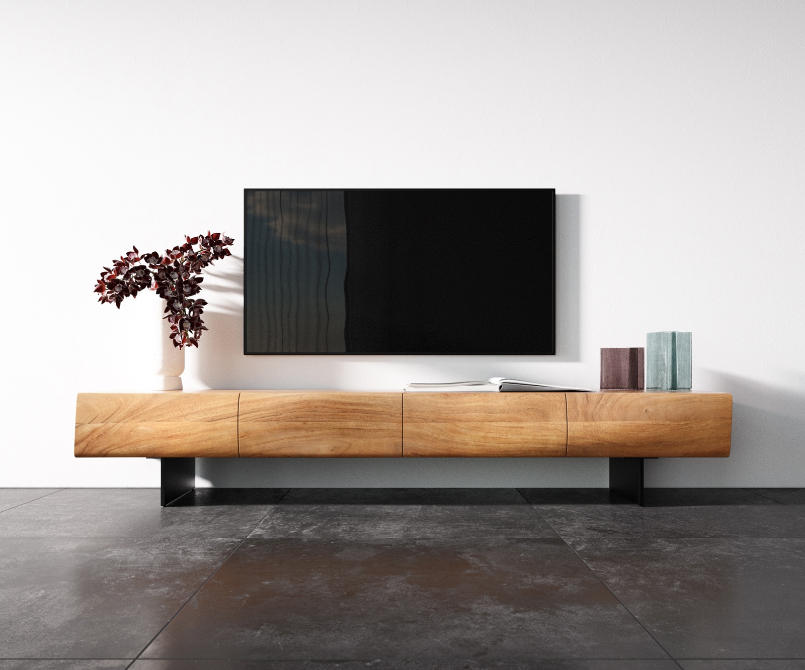 Meuble - TV New Live-Edge 200 cm acacia naturel 4 portes pied flottant métal noir 3 Meuble - TV New Live-Edge 200 cm acacia naturel 4 portes pied flottant métal noir 3