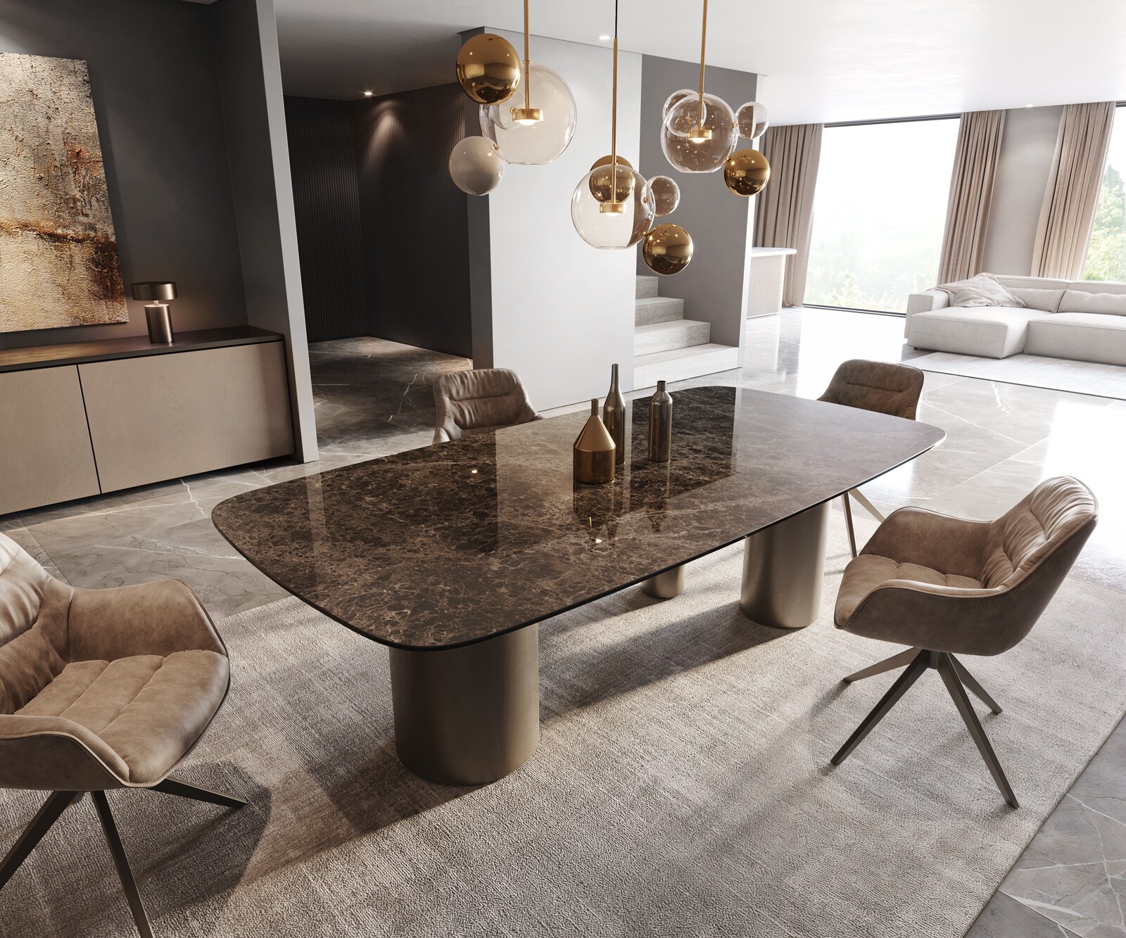 Esstisch Edge Boot 240x120 Keramik Laminam® Emperador Extra Lucidato Dunkelbraun Troa Metall Effektfinish Titan 1