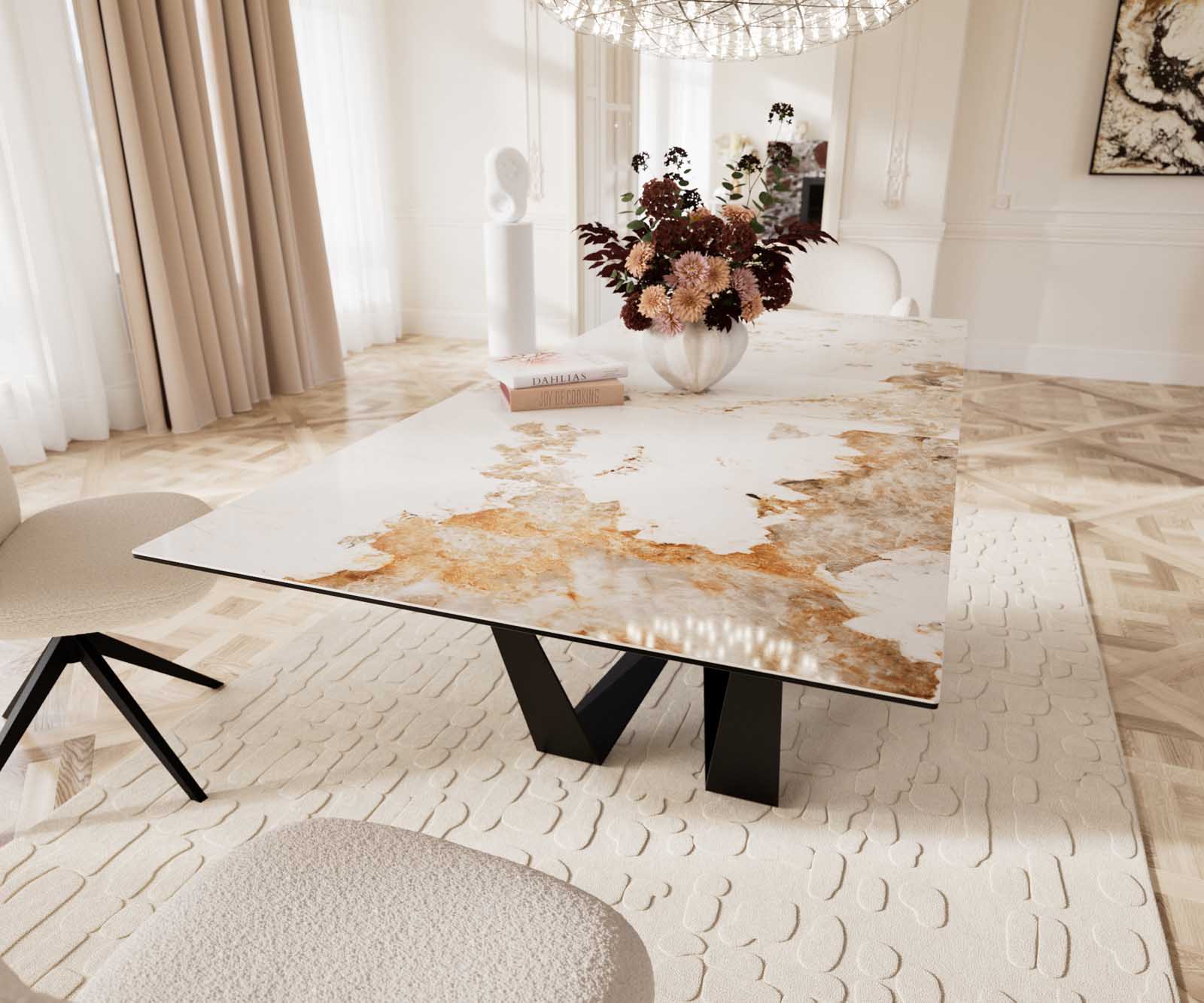 Esstisch Edge 180-220x100 Keramik Minas Melange Weiß-Beige Spider Flachstahl Schwarz ausziehbar 8