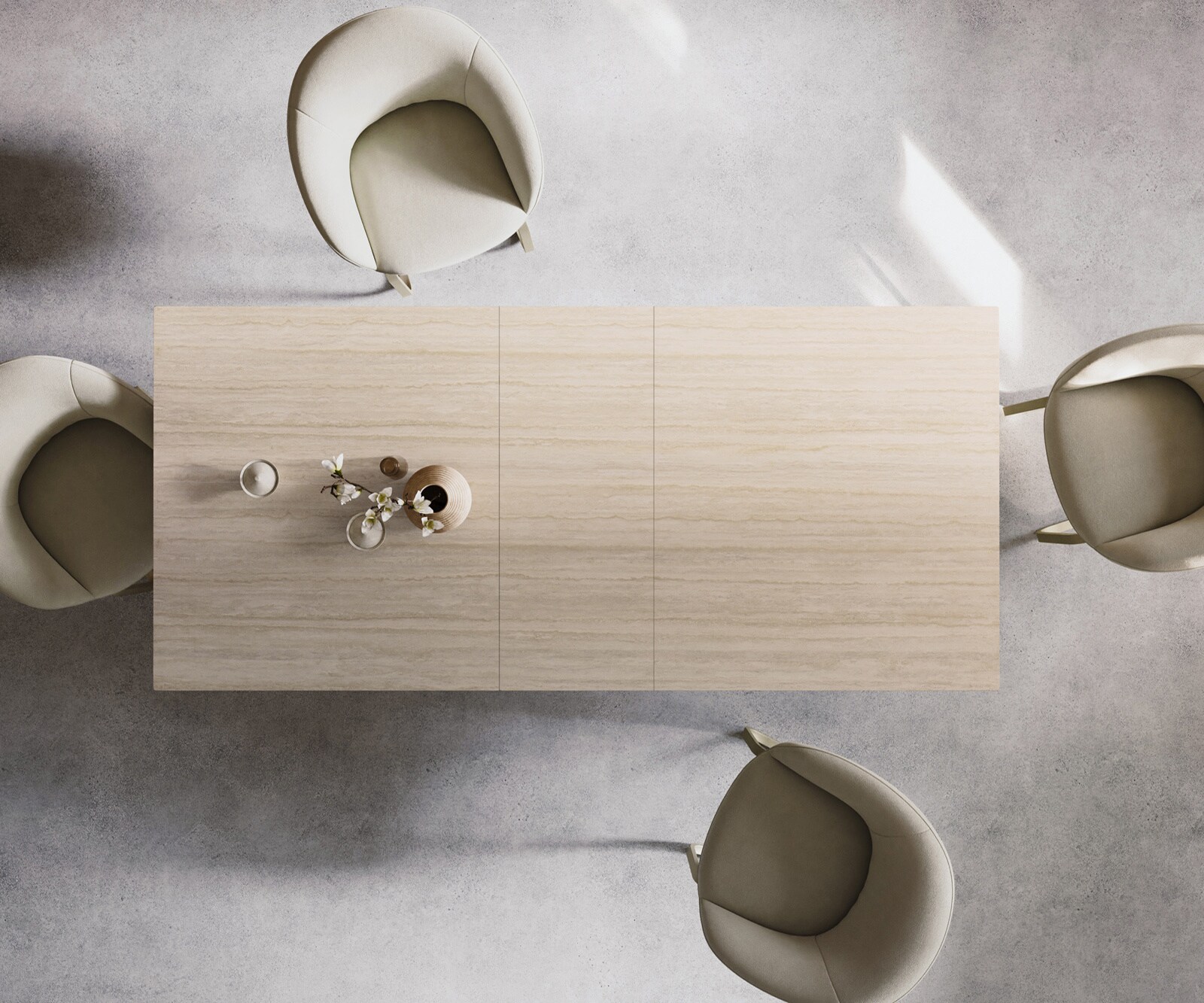 Esstisch Edge 180-220x100 Keramik Laminam® Travertino Bianco Creme-Weiß W-Gestell Effektfinish Titan ausziehbar 5