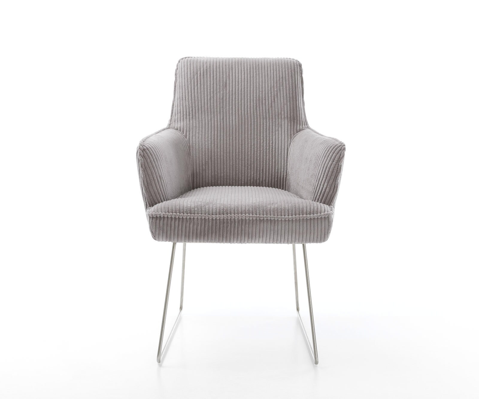Chaise-de-salle-à-manger Heira-Flex avec accoudoirs côtelé gris argenté pied trapèze acier inoxydable brossé ressorts ensachés 2
