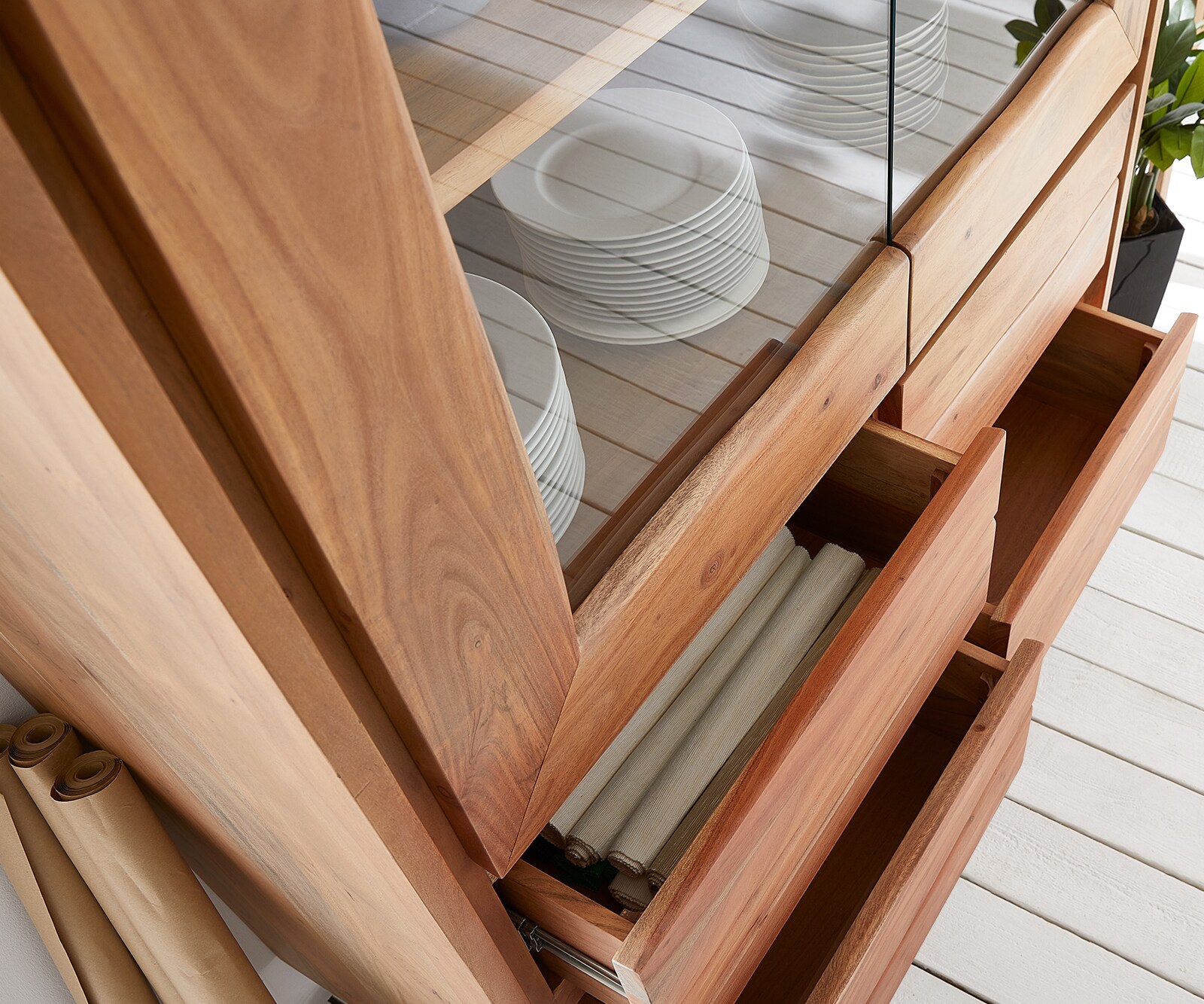 Vitrine Live-Edge 120x190 cm Akazie Natur gerade Kante 2 Türen 4 Schubladen Massiv 4