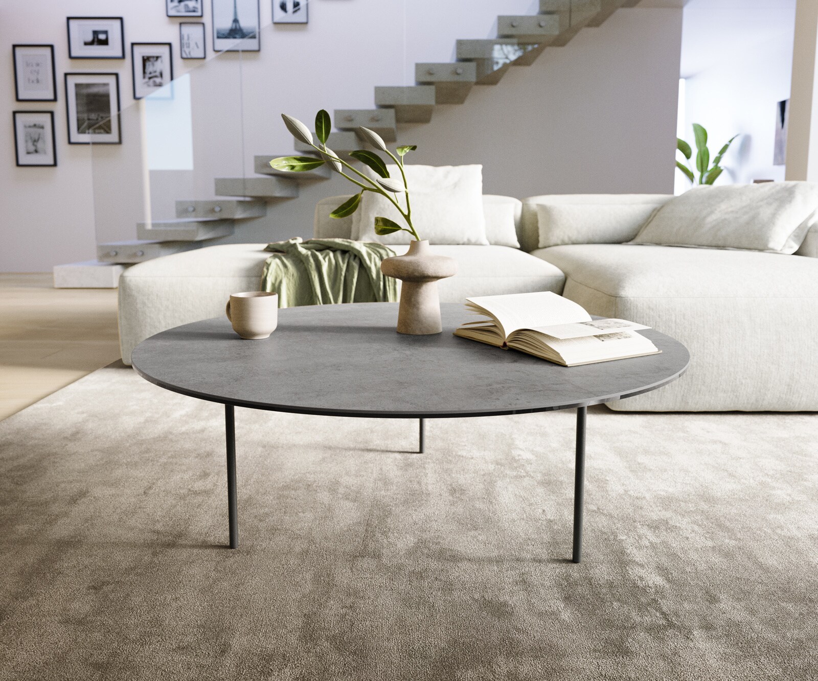 Table basse Edge ronde 100x100 cm céramique béton gris Trive métal noir 1
