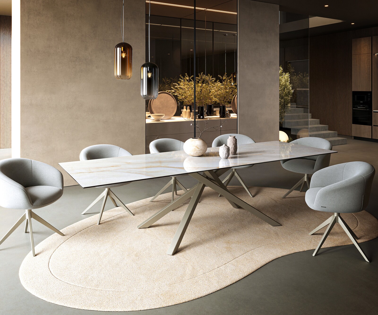 Table à manger Edge 300x100 cm céramique Onyx Pearl piètement croisé rectangulaire finition effet titane 6