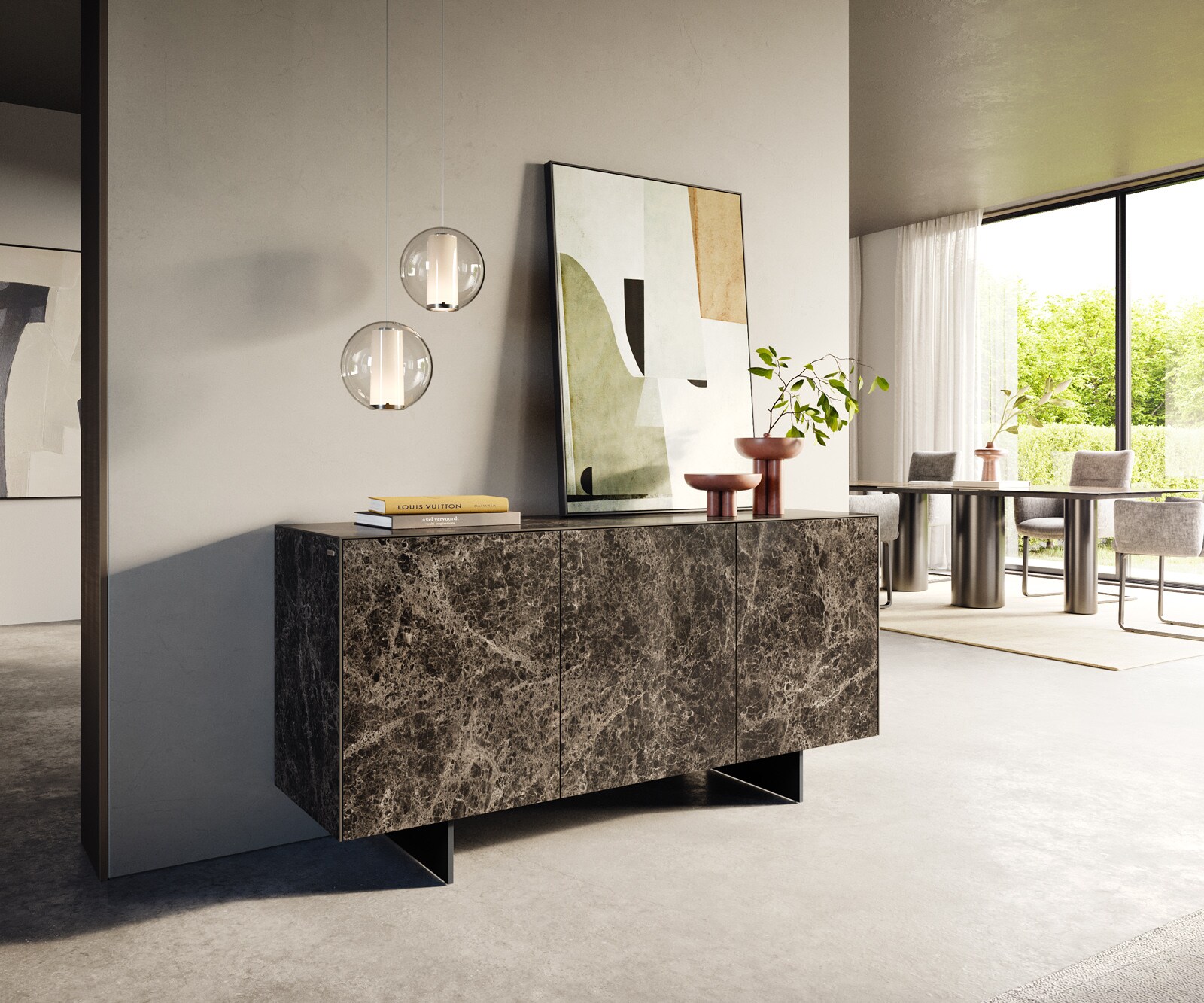 Buffet Cuor 150 cm Céramique Laminam® Emperador Extra Lucidato brun foncé 3 Portes Pied optique flottant Verre acrylique 3