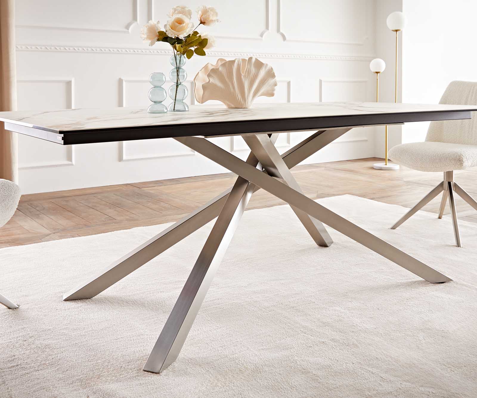 Esstisch Edge 200x100 Keramik Calacatta Luxe Weiß-Gold-Grau Kreuzgestell Rechteck Edelstahl 6 Esstisch Edge 200x100 Keramik Calacatta Luxe Weiß-Gold-Grau Kreuzgestell Rechteck Edelstahl 6