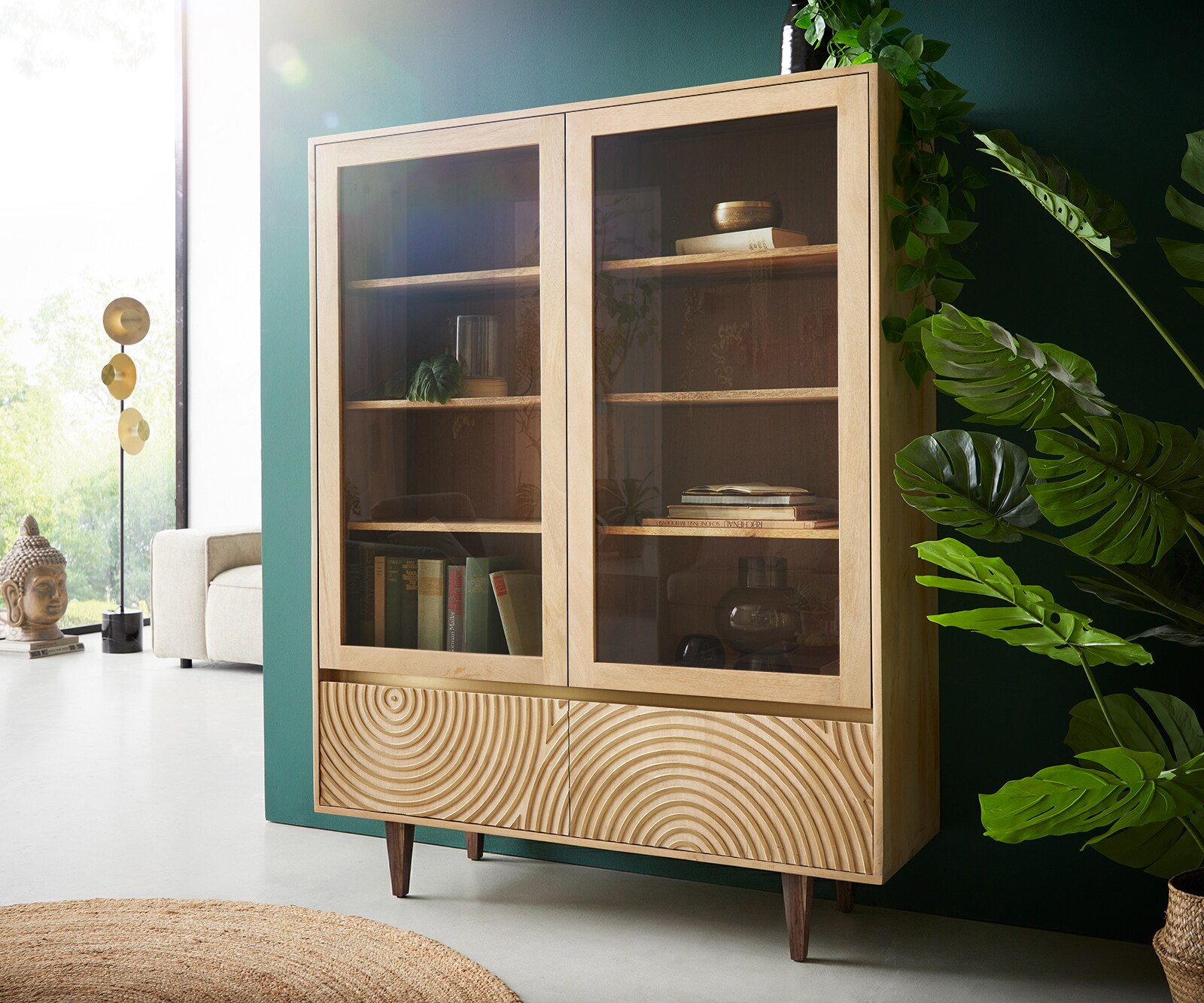 Vitrine Budaya 115x135 cm Mango Natur 4 Türen Fuß vierkant