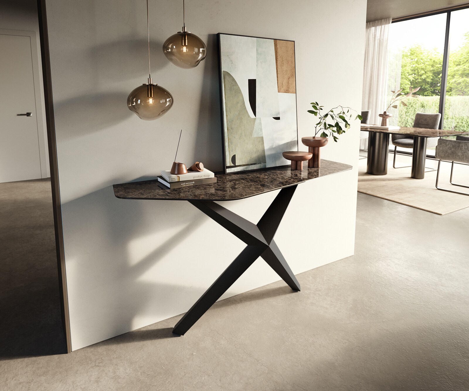 Console Edge Polygonal 140x50 cm Céramique Emperador Extra Lucidato Dunkelbraun Zentharo Métal Noir 4