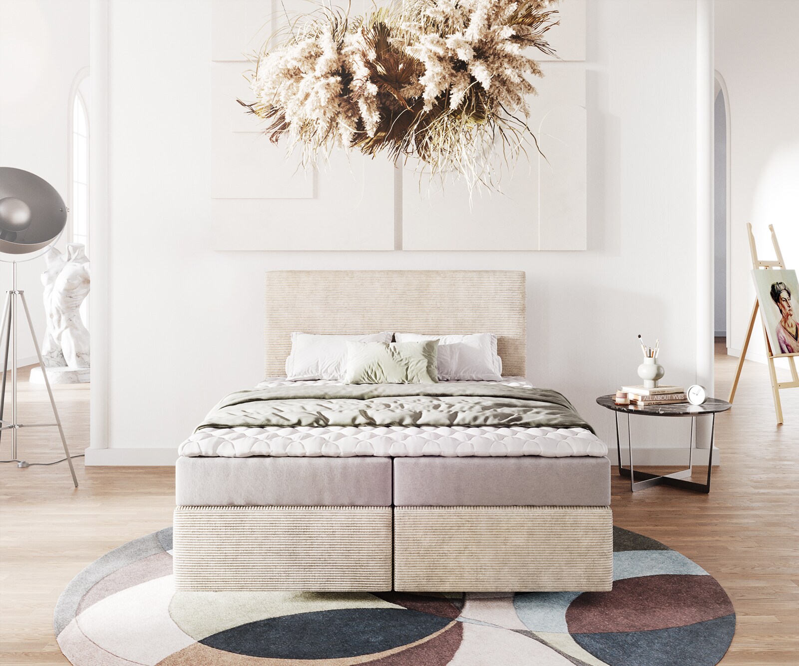 Lit-à-sommier-tapissier Dream-Well 140x200 cm Velours côtelé Beige avec matelas et surmatelas  1