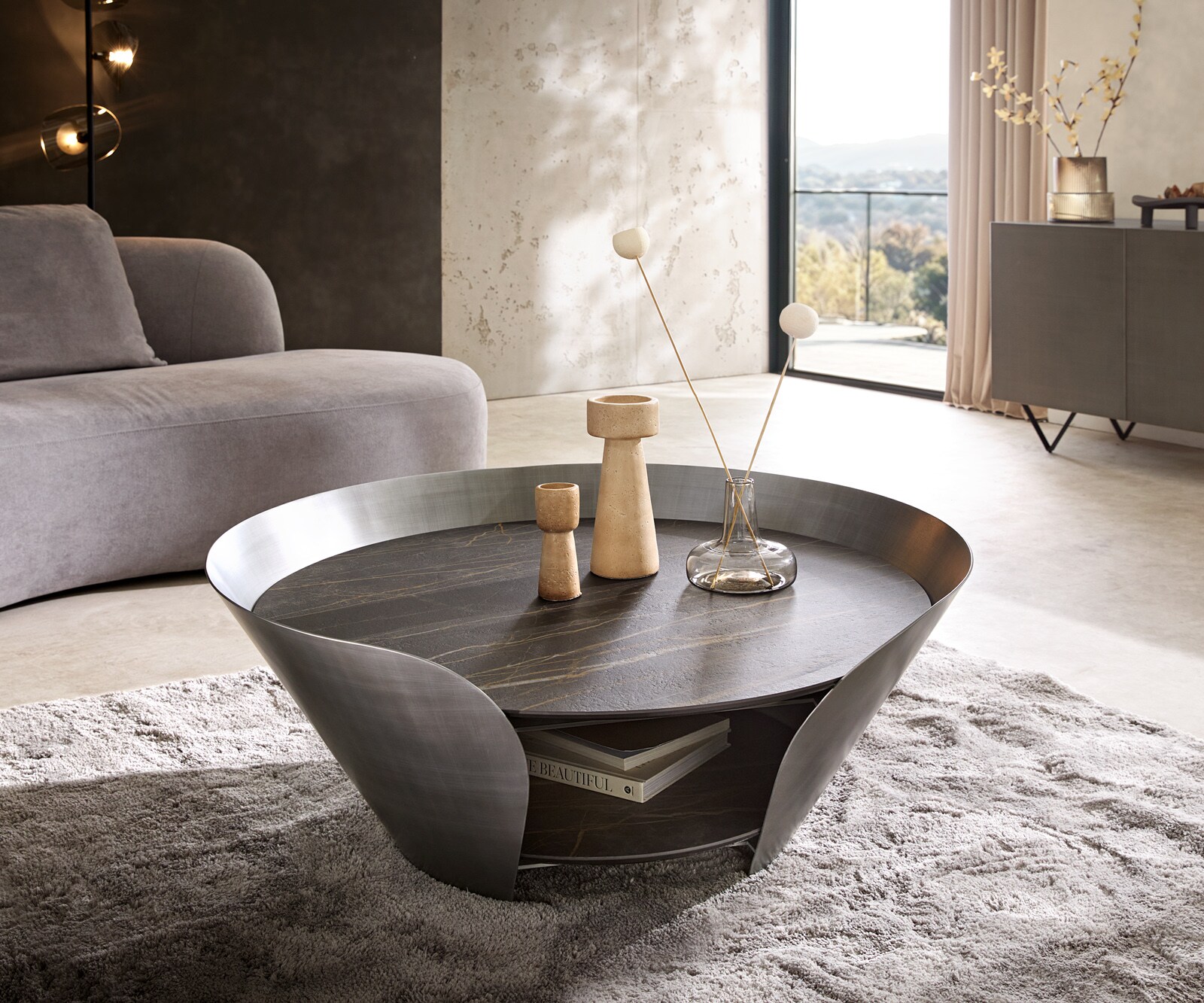 Couchtisch Skafi 100x40 cm Keramik Laminam® Noir Desir Braun Metallic Silber