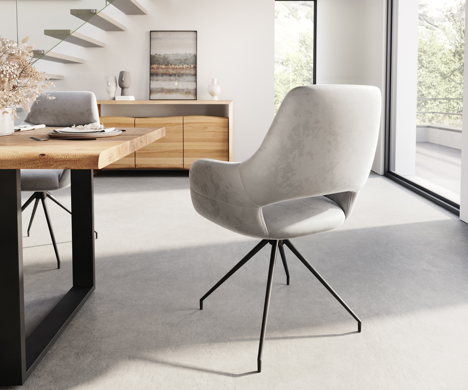 Esszimmerstuhl Yago-Flex mit Armlehnen Samt Grau Kreuzgestell konisch Schwarz Taschenfederkern 4 Esszimmerstuhl Yago-Flex mit Armlehnen Samt Grau Kreuzgestell konisch Schwarz Taschenfederkern 4