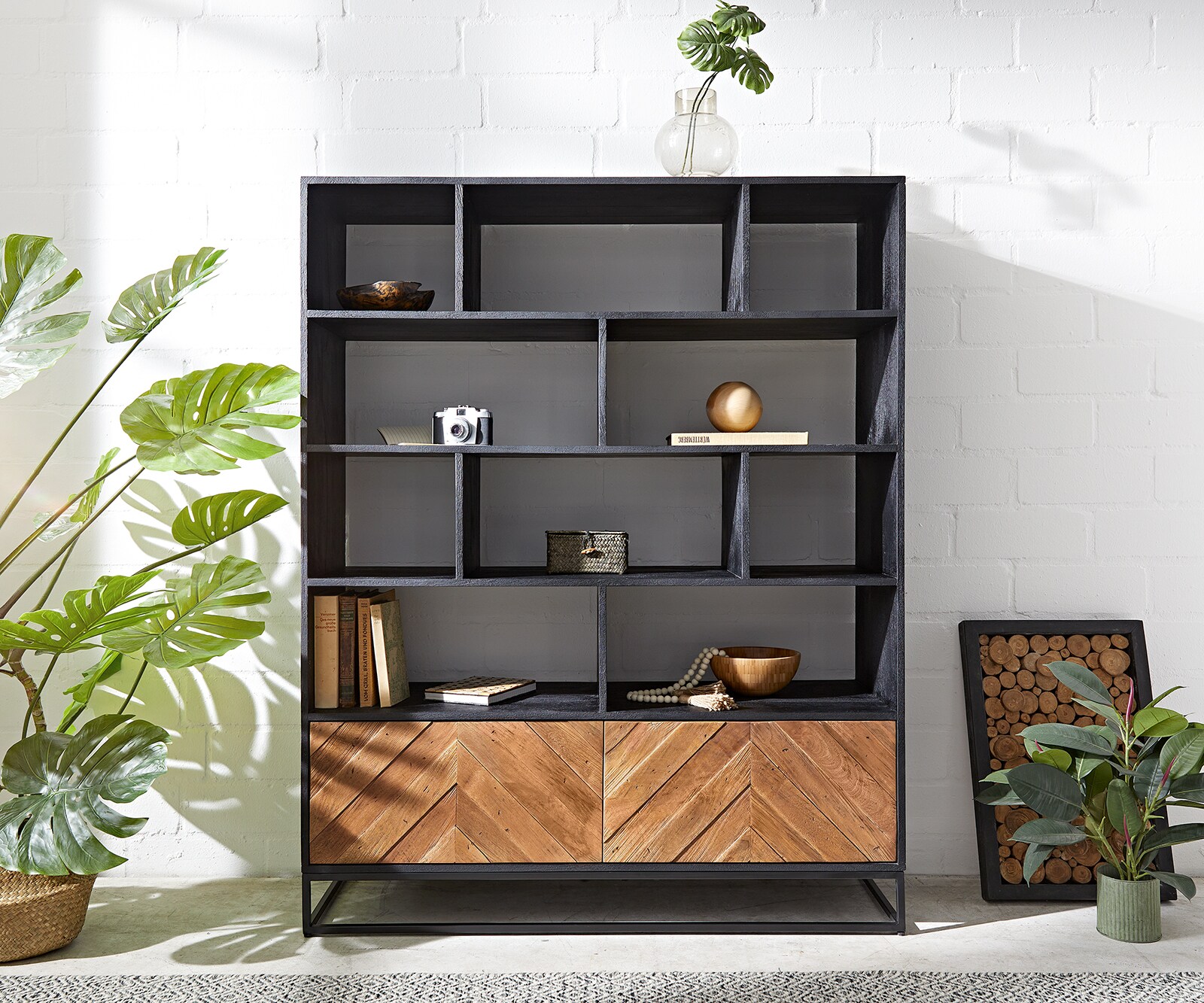 Buffet-haut Famke 120 cm Mango Teck 10 compartiments 2 portes 1