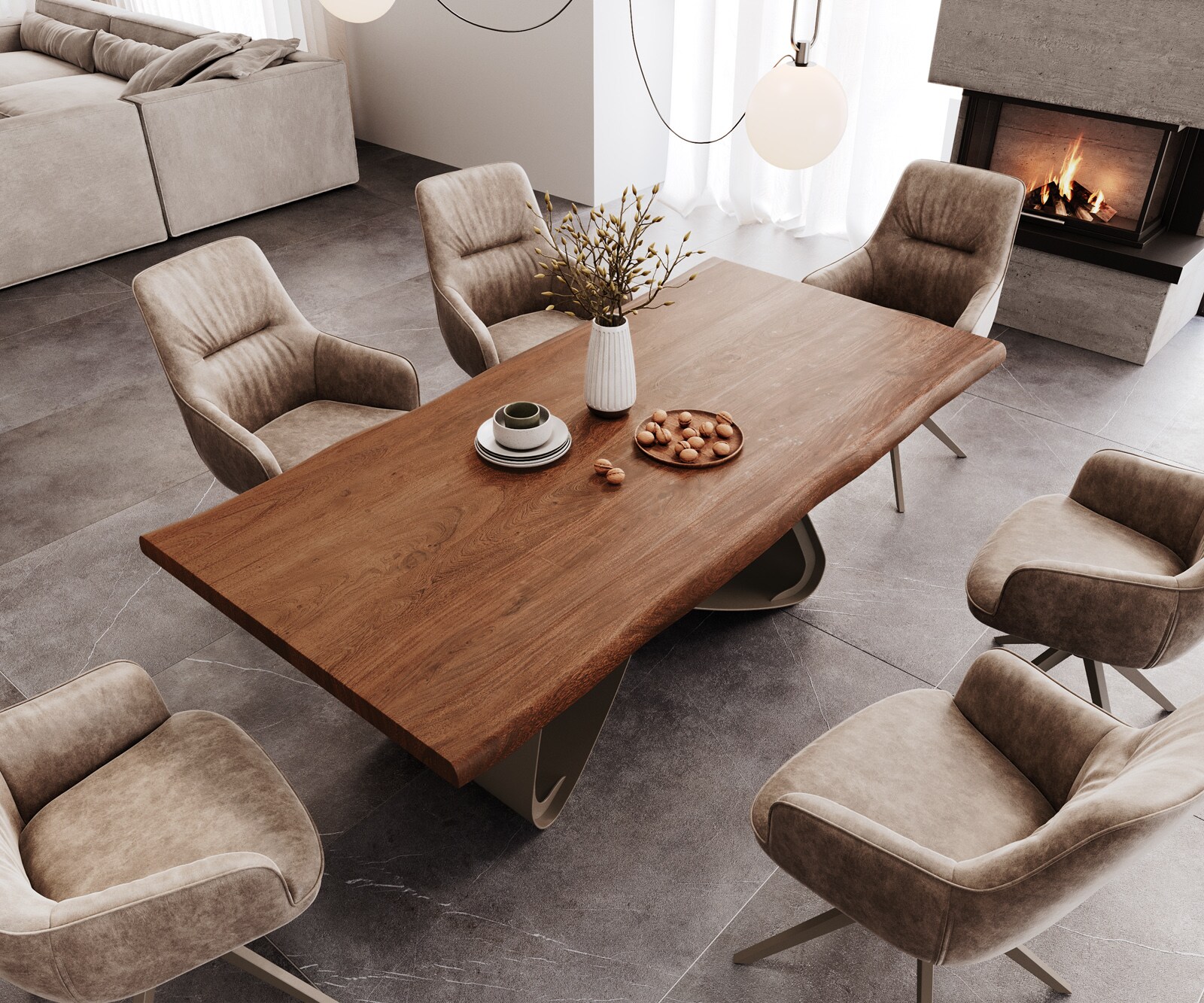 Table à manger Edge 200x100 XL Acacia Marron Cadre en W Métal finition à effet Titane Live-Edge 4