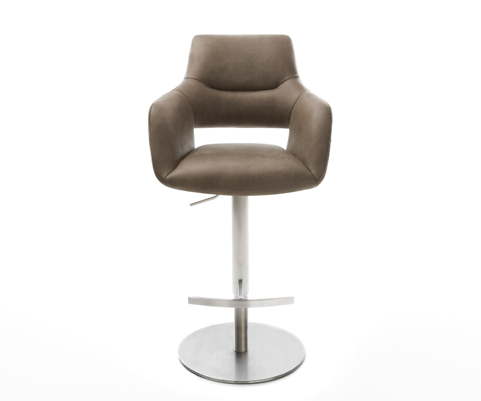 Barstuhl Yago-Flex Mikrofaser Taupe Vintage Drehfuß höhenverstellbar Edelstahl Silberfarben Taschenfederkern 1