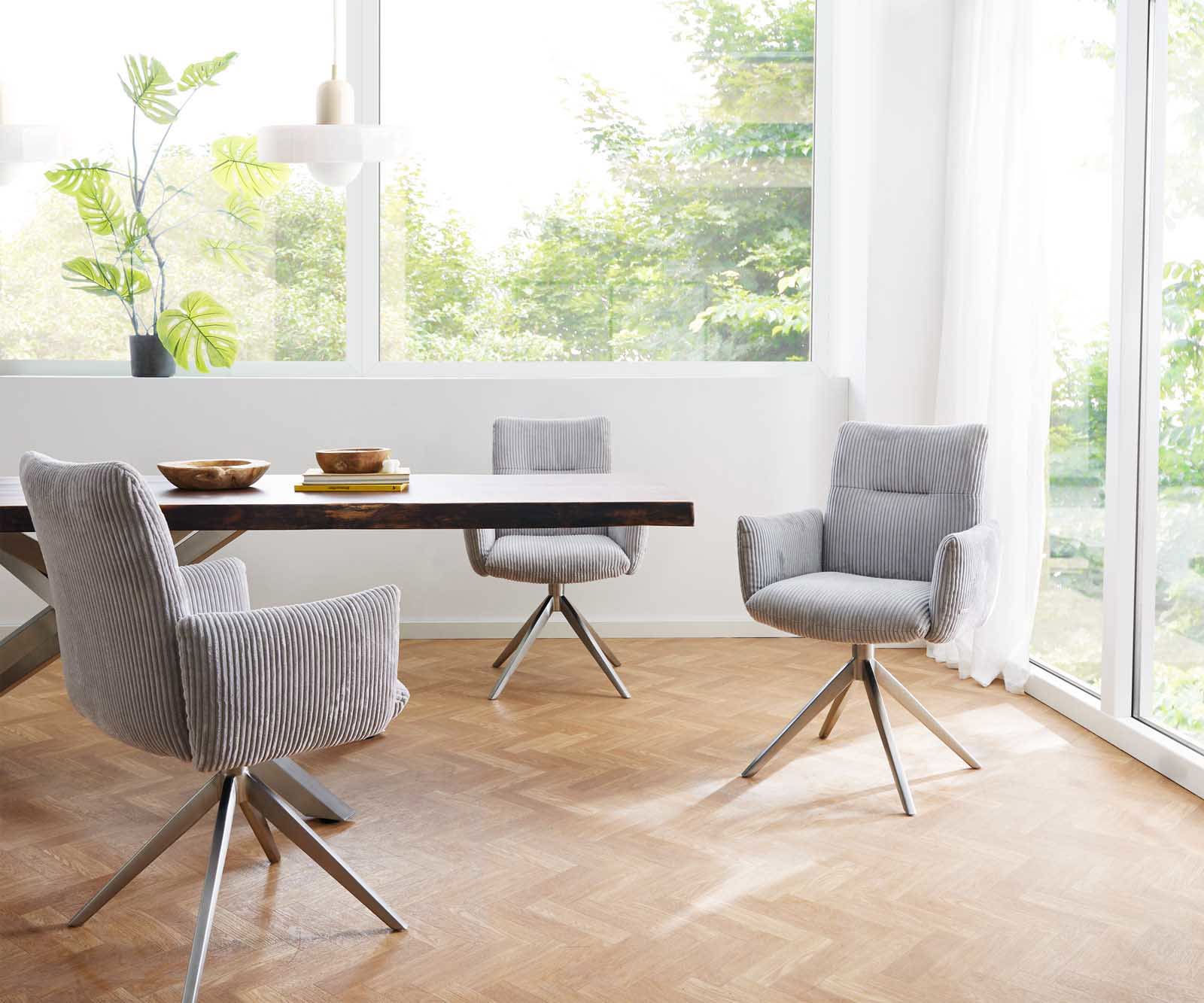 Drehstuhl Jova-Flex mit Armlehnen Cord Silbergrau Kreuzgestell breit Edelstahl 360° drehbar Taschenfederkern 5