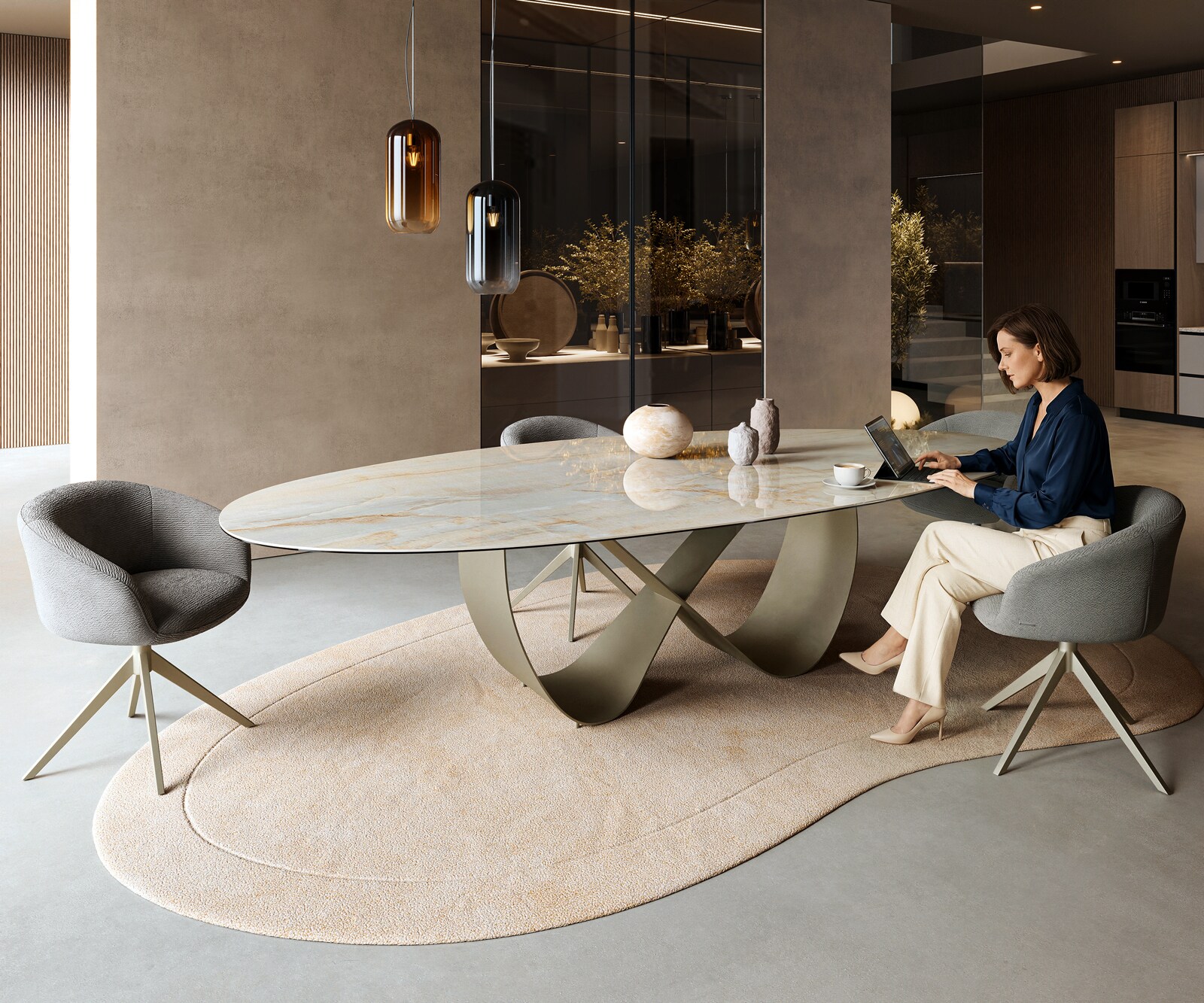 Table à manger Edge Oval 315x150 cm Céramique Iris FMG Onice Oro Infinity Métal Finition effet Titan 6