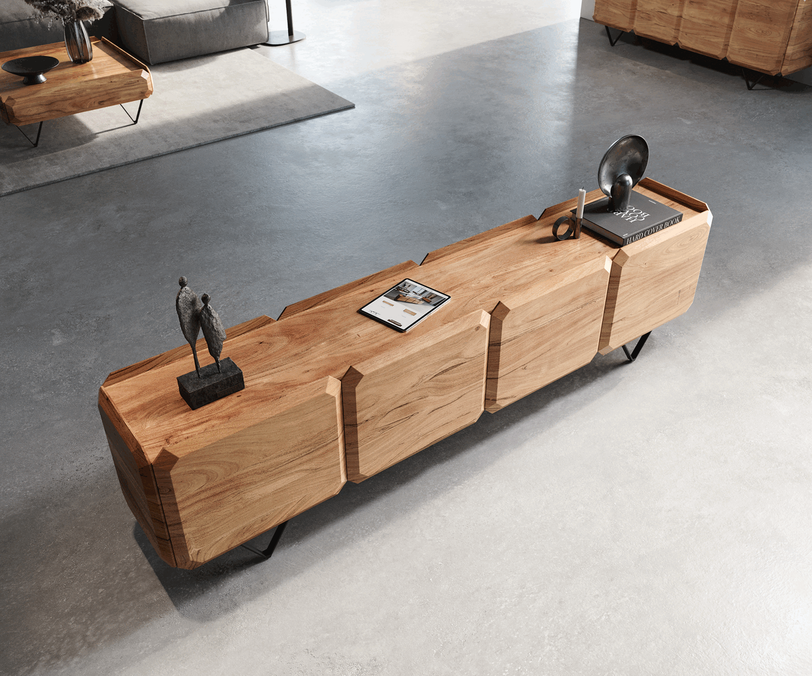 Meuble-bas Kiano 220 cm Acacia Nature 4 Portes Pied en V Noir Séparateur de pièce 3