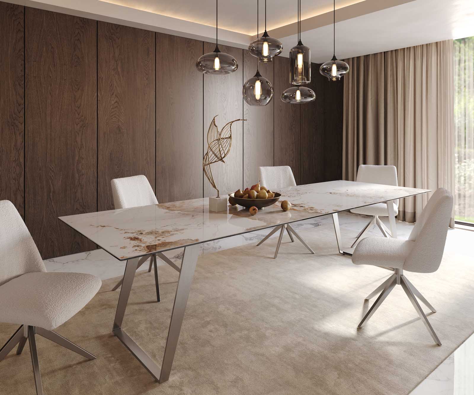 Table à manger Edge 300x100 céramique Minas mélange blanc-beige acier inoxydable incliné