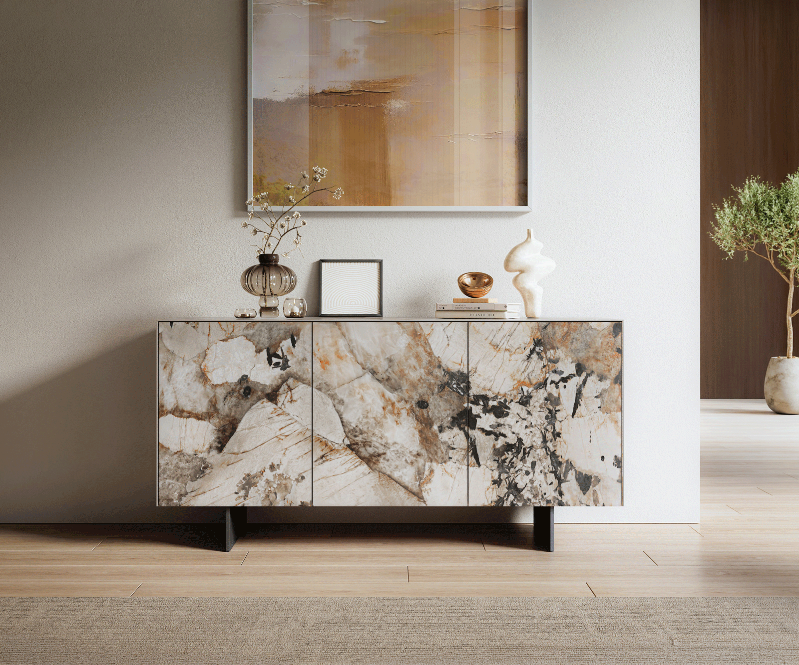 Sideboard Cuor 150 cm Keramik Patagonia Poliert 3 Türen Fuß Schwebeoptik Metall Schwarz 2