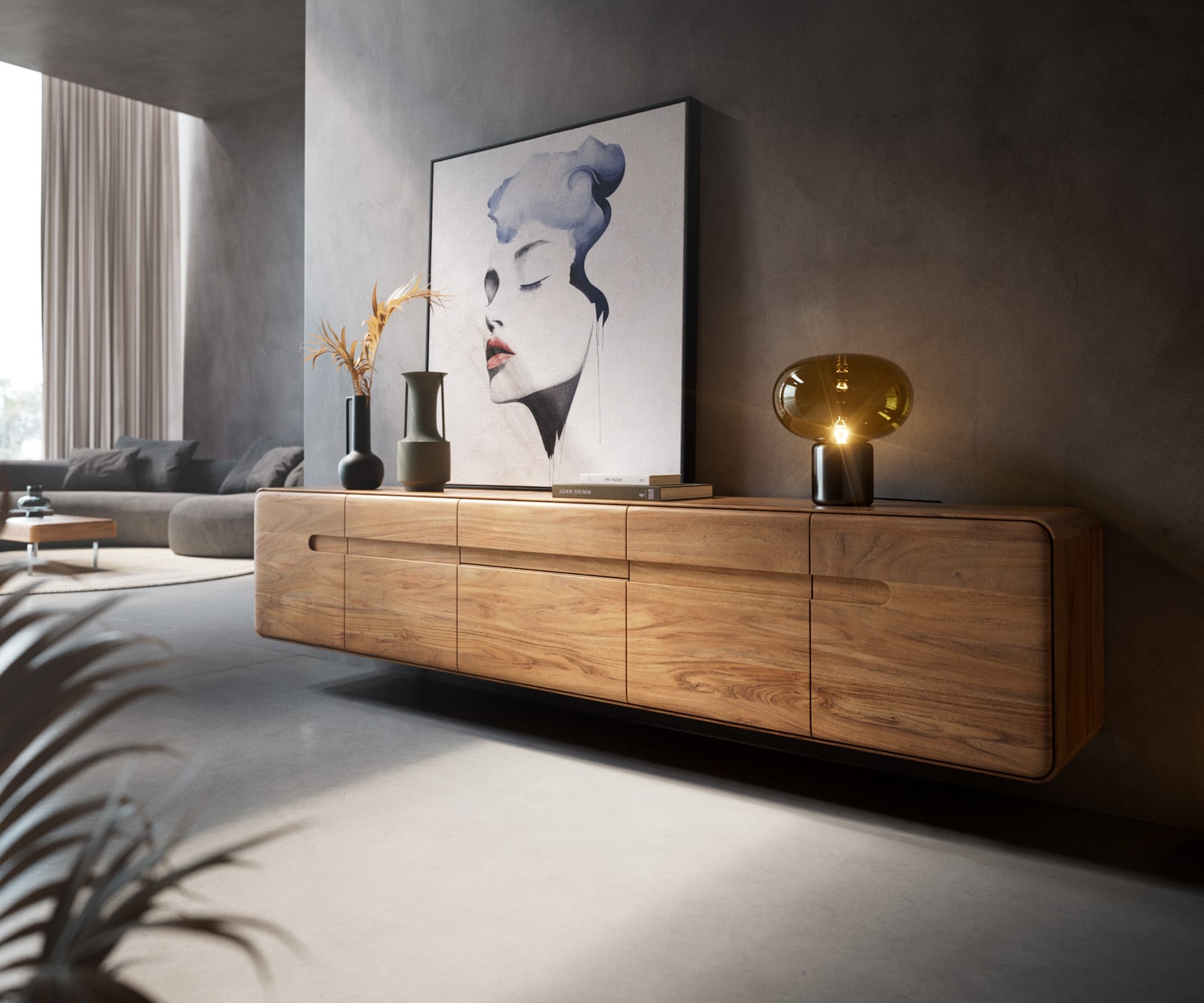 Lowboard Anaya 220 cm Akazie Natur 4 Türen 2 Schubladen Schwebend 2