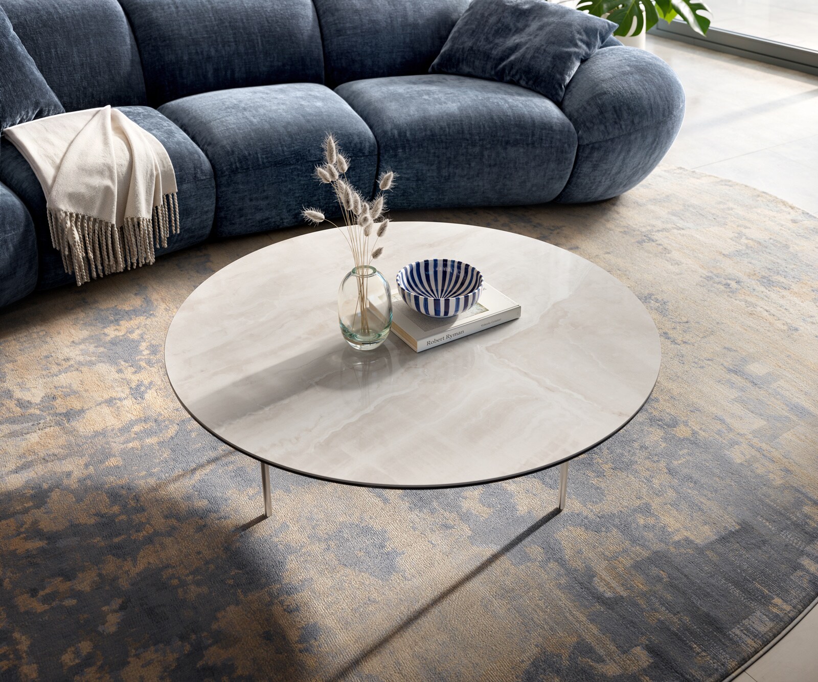 Table basse Edge ronde 100x100 cm céramique Onyx Champagne Trive acier inoxydable brossé 4