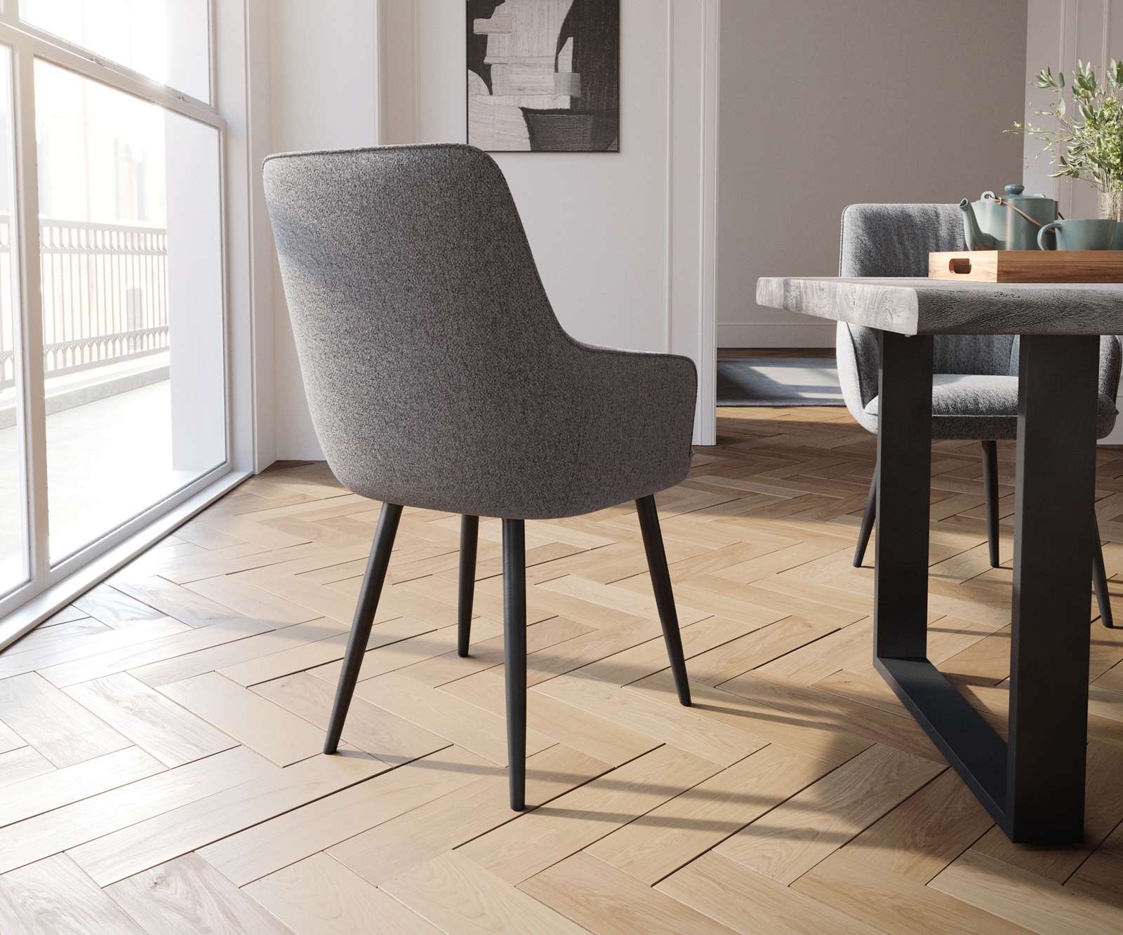 Chaise-de-salle-à-manger Zelia-Flex avec accoudoirs tissu texturé gris clair 4 pieds coniques noir ressorts ensachés 4 Chaise-de-salle-à-manger Zelia-Flex avec accoudoirs tissu texturé gris clair 4 pieds coniques noir ressorts ensachés 4