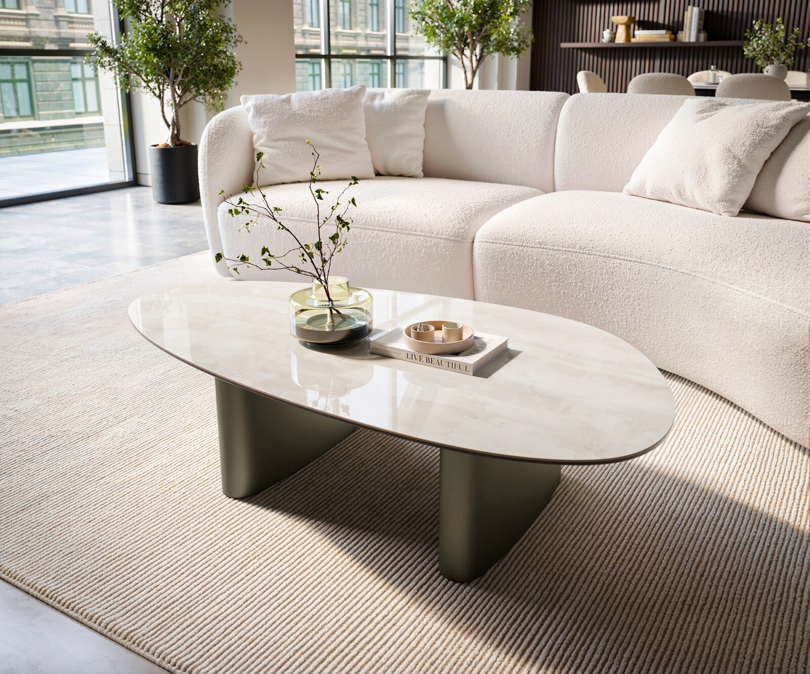 Table basse Edge ovale 140x75 cm céramique Onyx Champagne Ovada finition effet titane 3