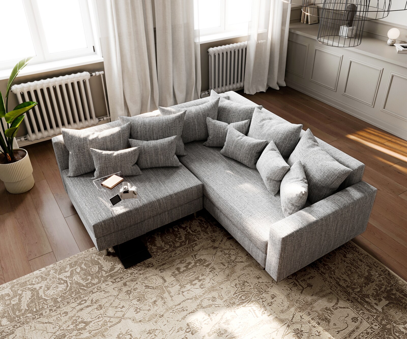 Canapé d'angle Clovis tissu structuré gris clair accoudoir ottoman droite 4