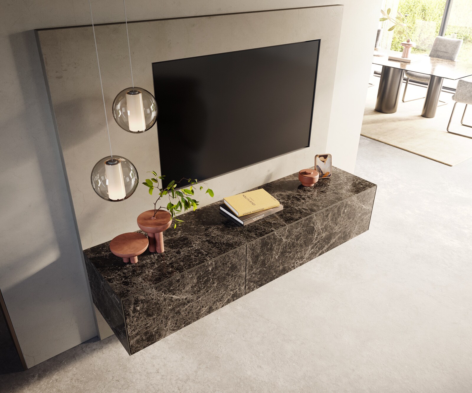 Lowboard Cuor 180 cm Keramik Laminam® Emperador Extra Lucidato Dunkelbraun 1 Klappe 2 Schubfächer Schwebend 3