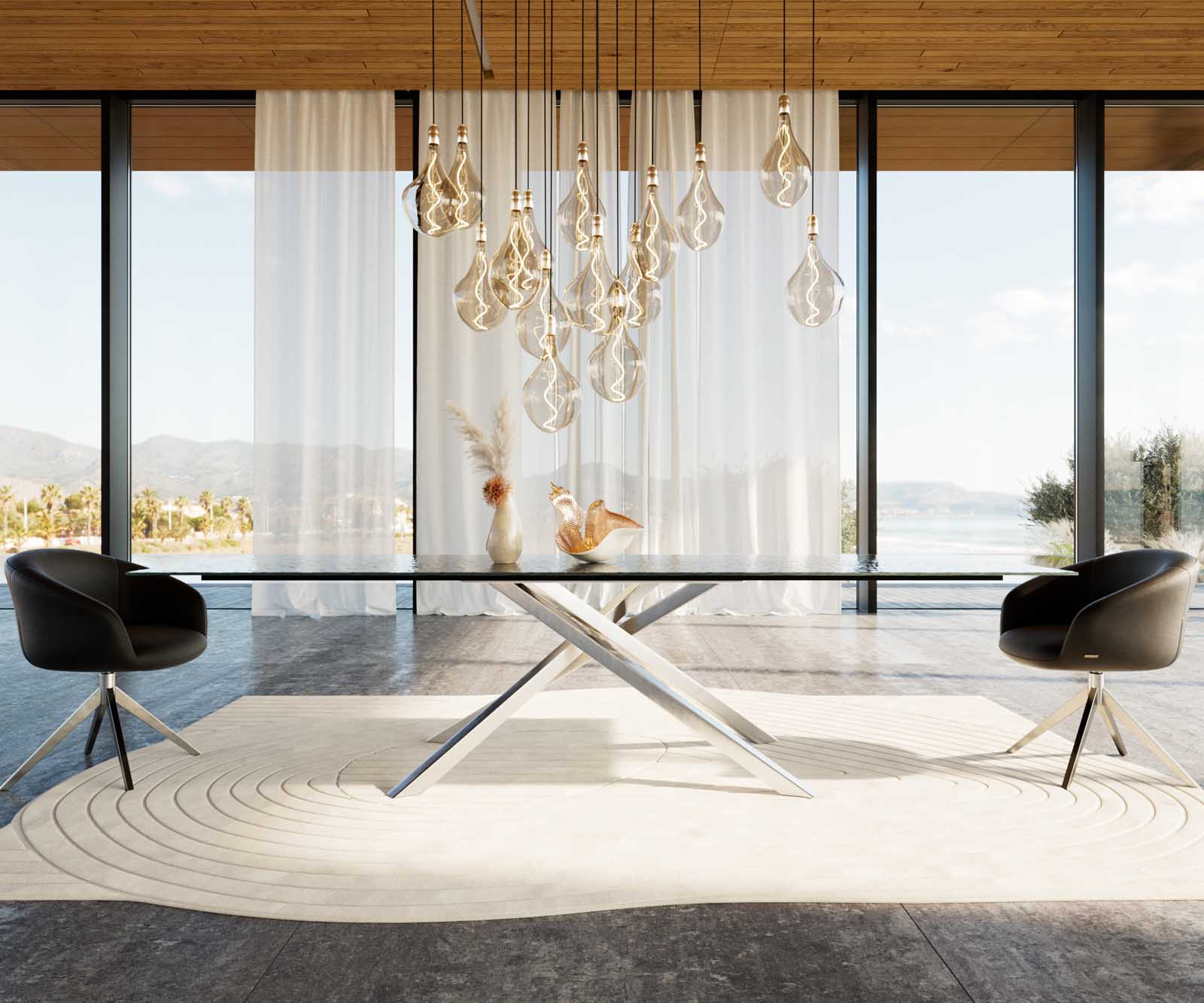 Esstisch Edge 300x100 Reliefglas Rauchschwarz 3D-Design Kreuzgestell Rechteck Edelstahl 1 Esstisch Edge 300x100 Reliefglas Rauchschwarz 3D-Design Kreuzgestell Rechteck Edelstahl 1