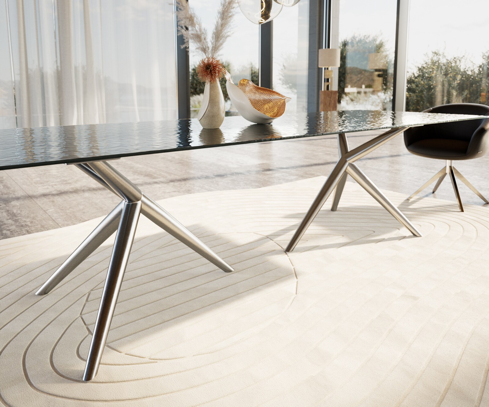 Esstisch Edge 300x100 Reliefglas Rauchschwarz 3D-Design Estelar rund Edelstahl 4