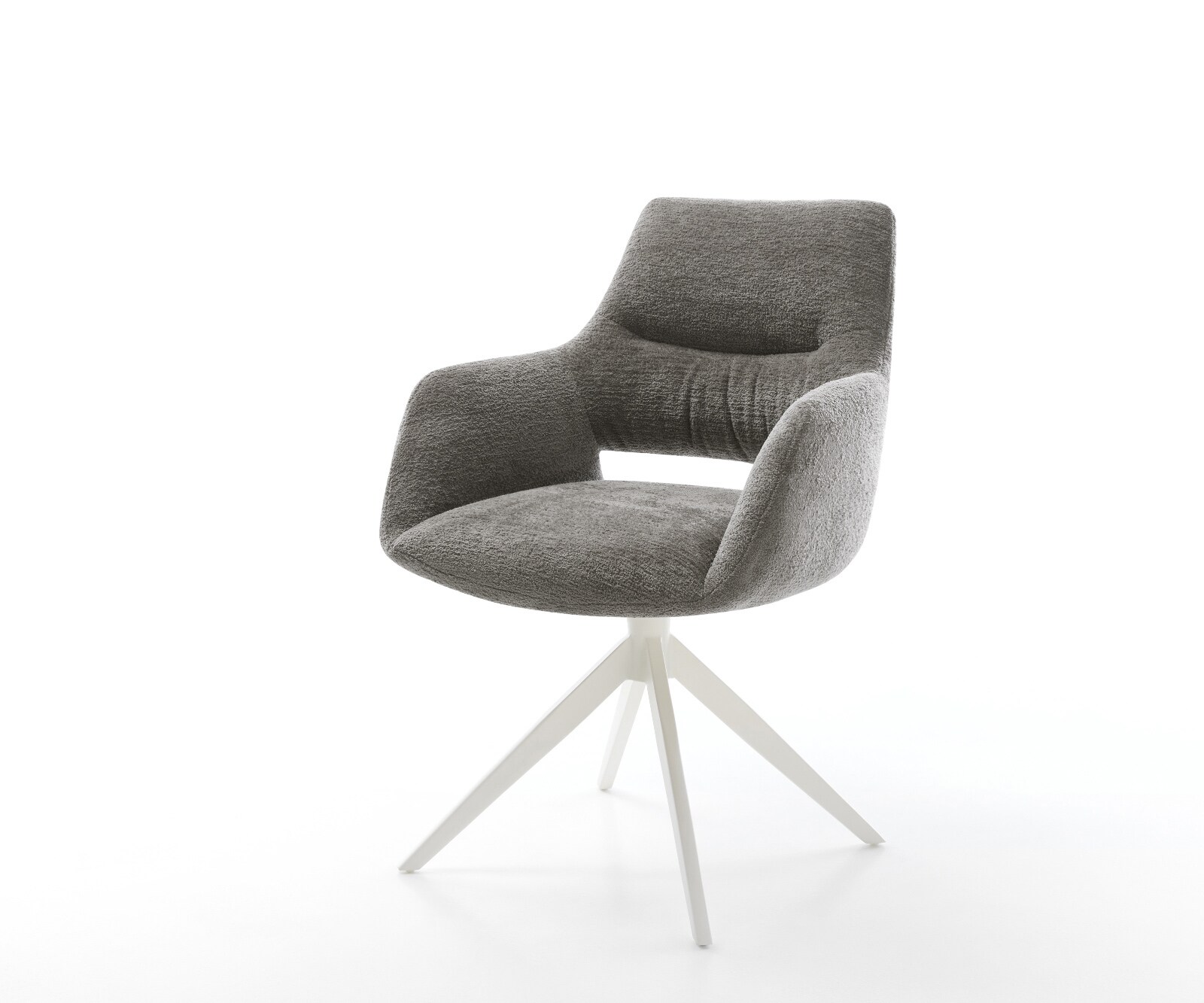 Chaise-pivotante Yago-Flex avec accoudoirs bouclé doux couleur boue pied croisé large blanc pivotement sur 360° fonction bascule resorts ensachés