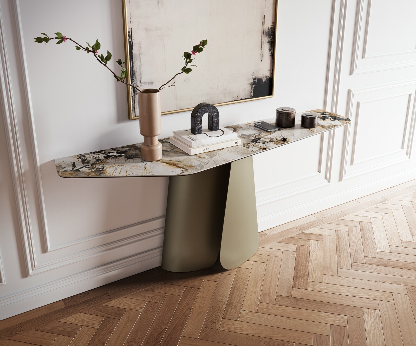 Console Edge Polygonal 180x50 cm Céramique Gris béton Livos Métal Noir 5