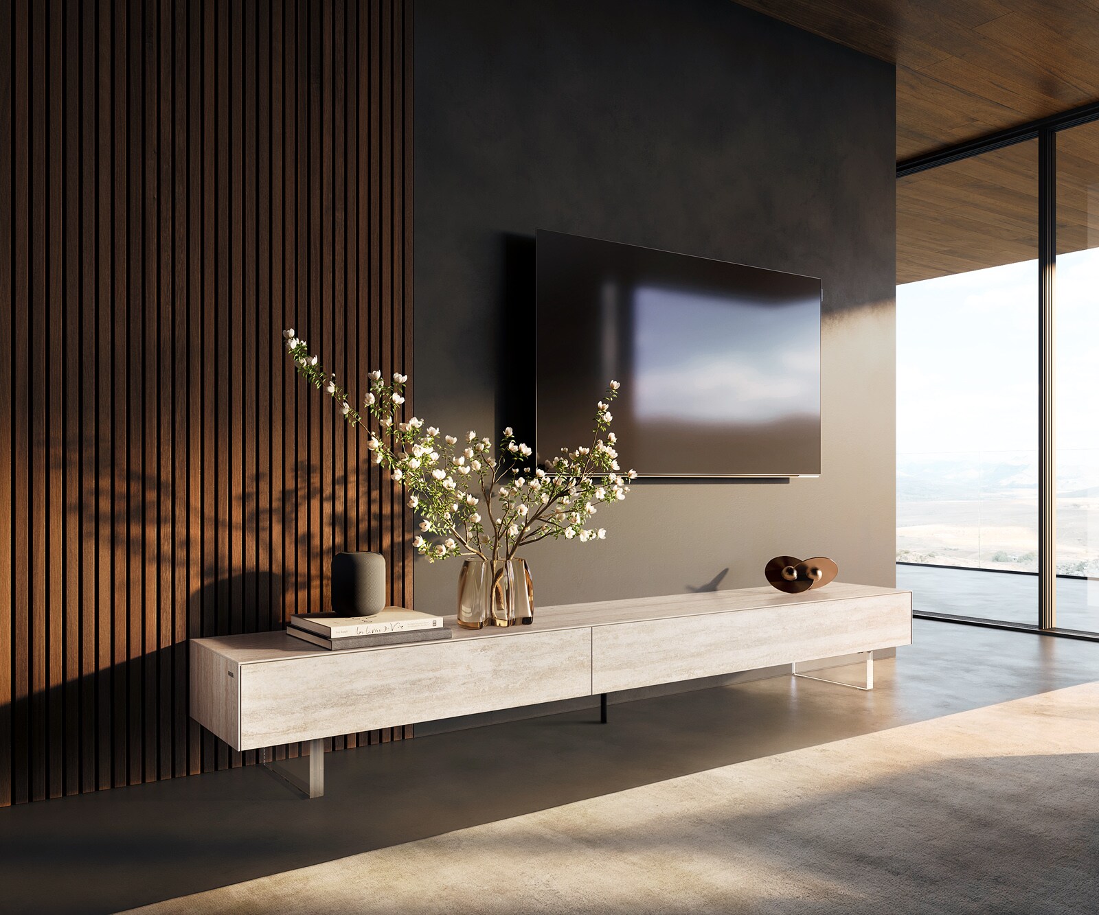 Meuble-TV Cuor 250 cm Céramique Laminam® Travertino Bianco Crème-blanc 1 Clapet 1 Tiroir Pied optique flottant Verre acrylique