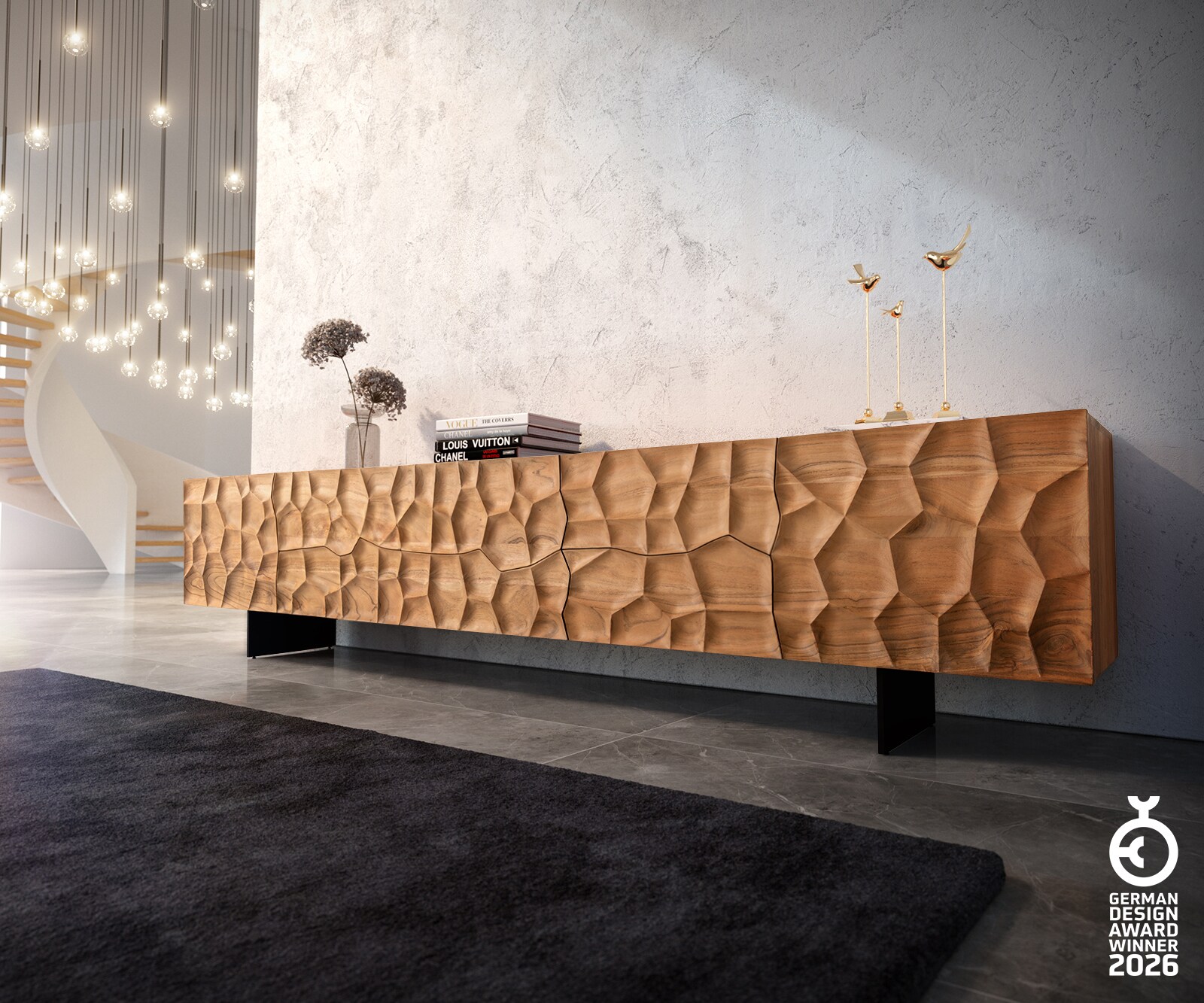 Lowboard Solu 260 cm Akazie Natur 2 Türen 6 Schübe Fuß schwebend Metall Schwarz 3D-Front