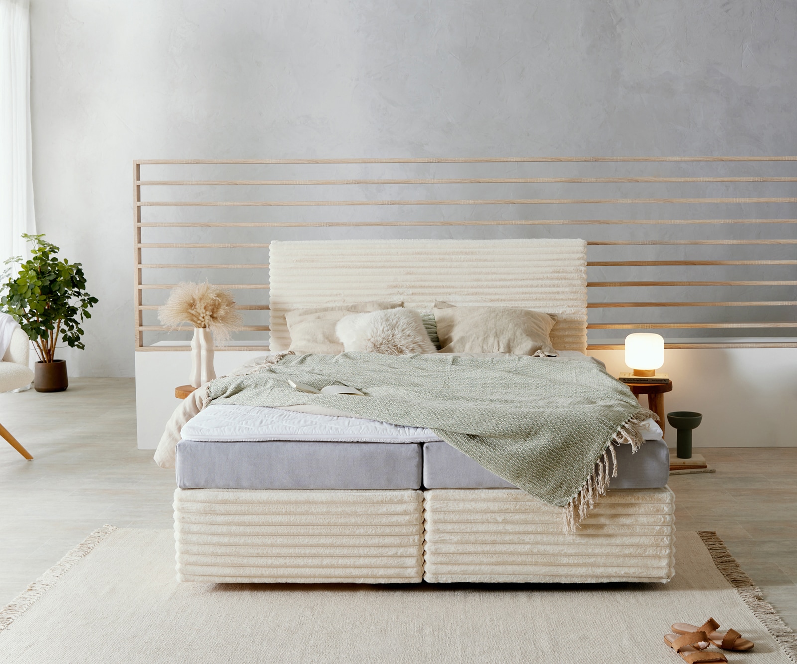 Boxspringbett Dream-Well Plüsch-Cord Beige 160x200 cm TFK-Matratze Visco-Topper 1 Boxspringbett Dream-Well Plüsch-Cord Beige 160x200 cm TFK-Matratze Visco-Topper 1