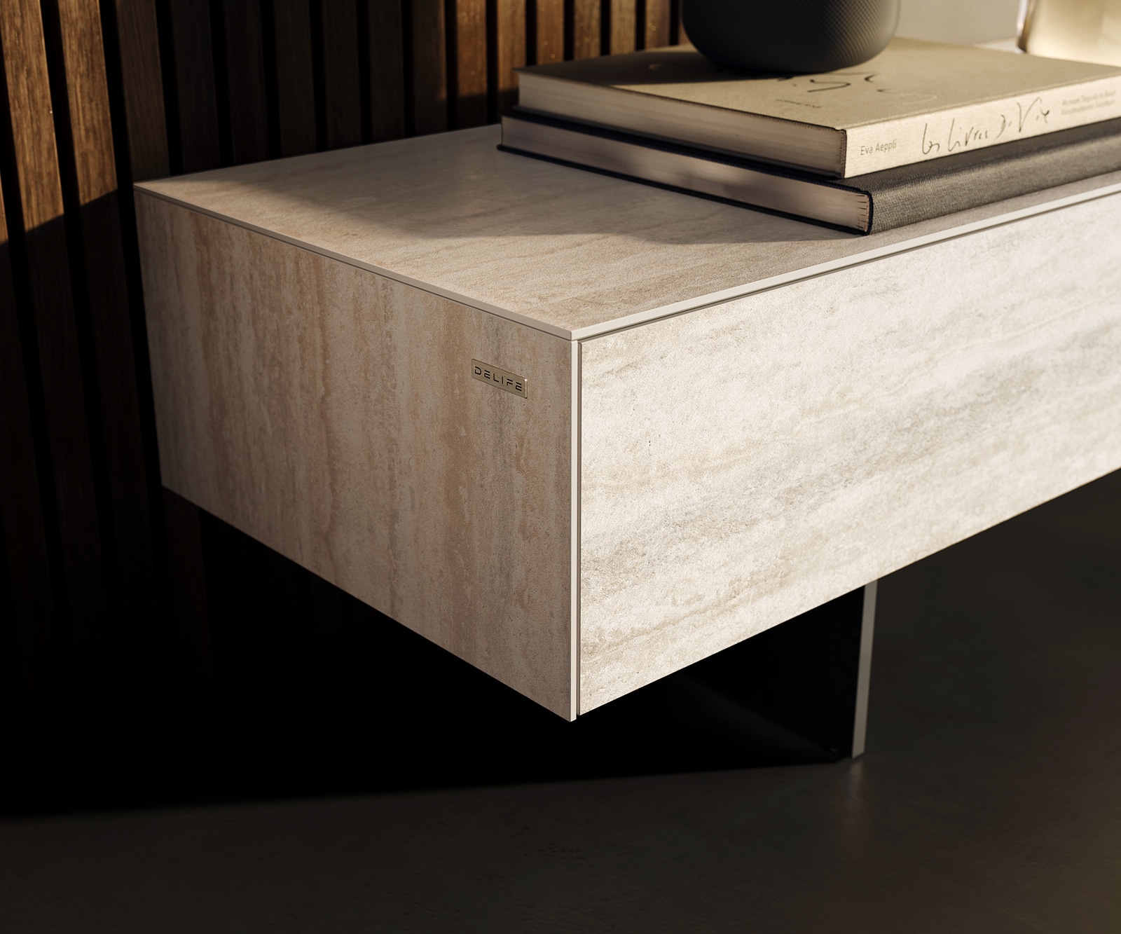 Meuble-TV Cuor 250 cm Céramique Laminam® Travertino Bianco Crème-blanc 1 Clapet 1 Tiroir Pied optique flottant Métal Noir 6