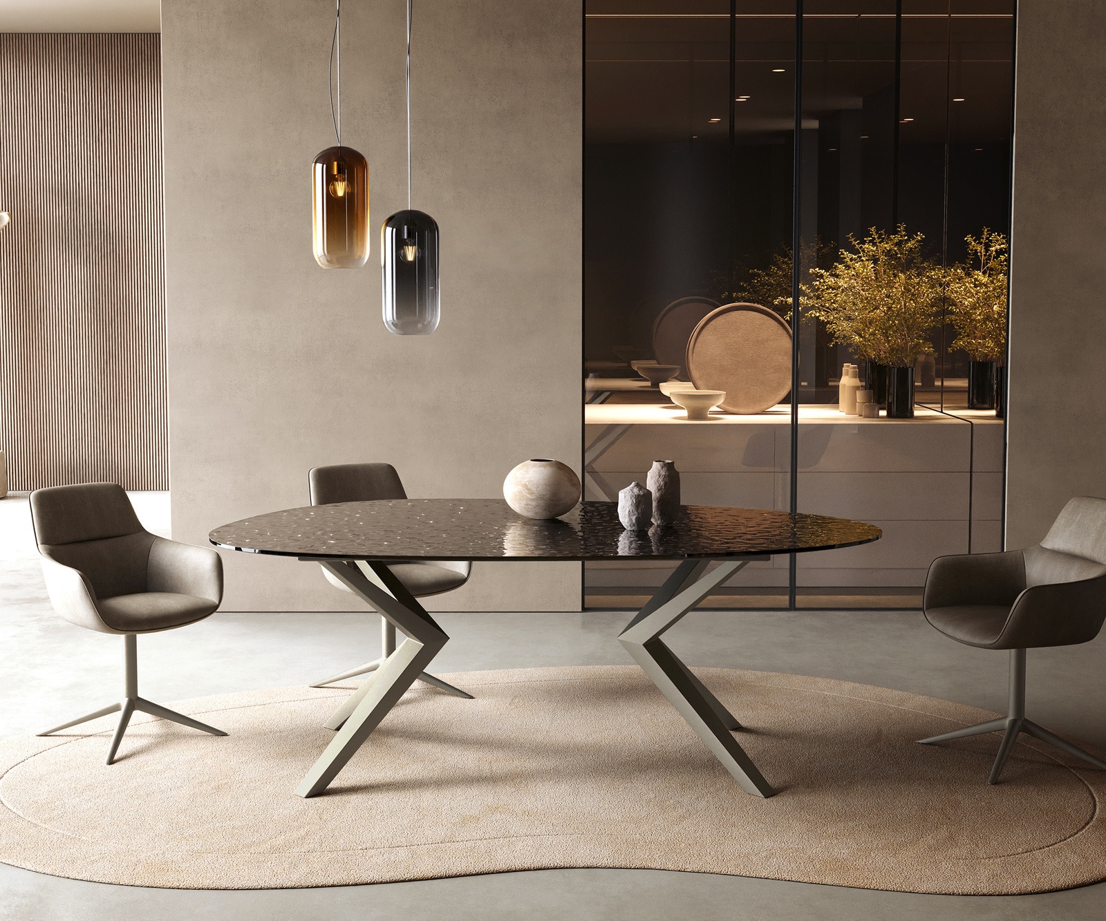 Esstisch Edge Oval 220x120 Reliefglas Rauchschwarz 3D-Design Zenthara kantig Metall Effektfinish Titan 1 Esstisch Edge Oval 220x120 Reliefglas Rauchschwarz 3D-Design Zenthara kantig Metall Effektfinish Titan 1