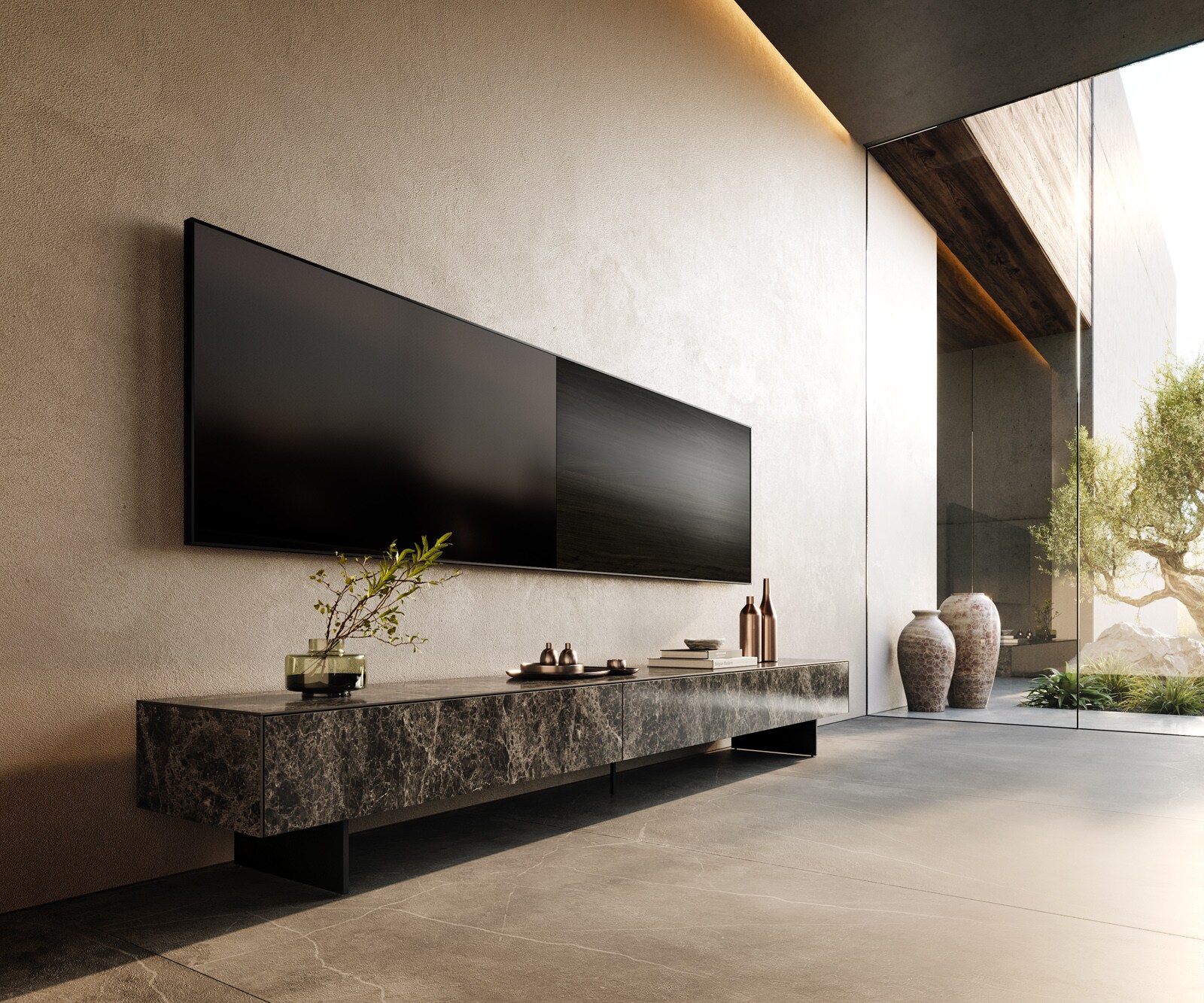 Meuble-TV Cuor 250 cm Céramique Laminam® Emperador Extra Lucidato brun foncé 1 Clapet 1 Tiroir Pied optique flottant Métal Noir 1