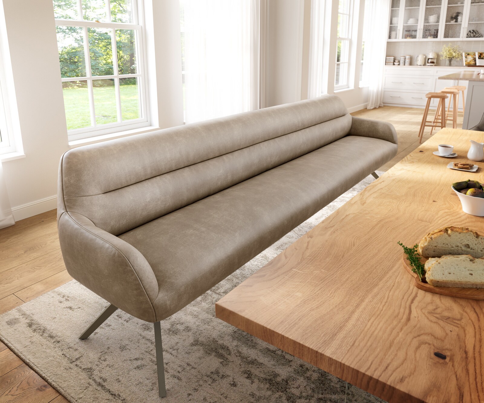 Esszimmerbank Taya-Flex 300 cm Mikrofaser Beige Vintage Kreuzgestell kantig Effektfinish Titan Taschenfederkern 1