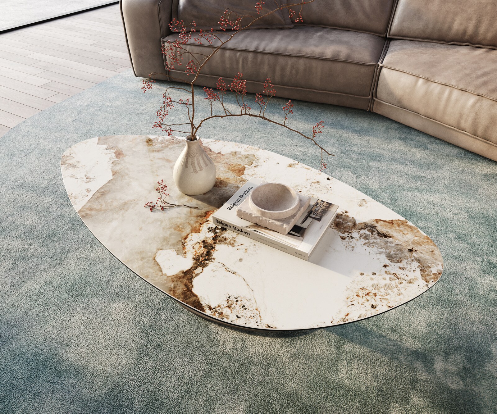 Couchtisch Edge Organisch 140x76 cm Keramik Minas Melange Vibany Metall Effektfinish Titan 3