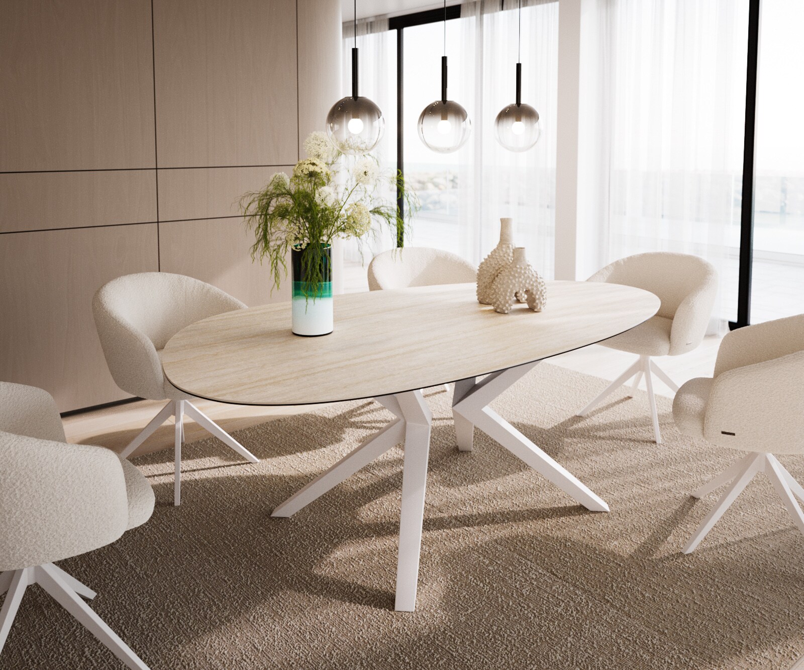 Table à manger Edge Ovale 220x120 Céramique Laminam®Travertino Bianco Crème-Blanc​ Zenthara anguleux Métal Blanc